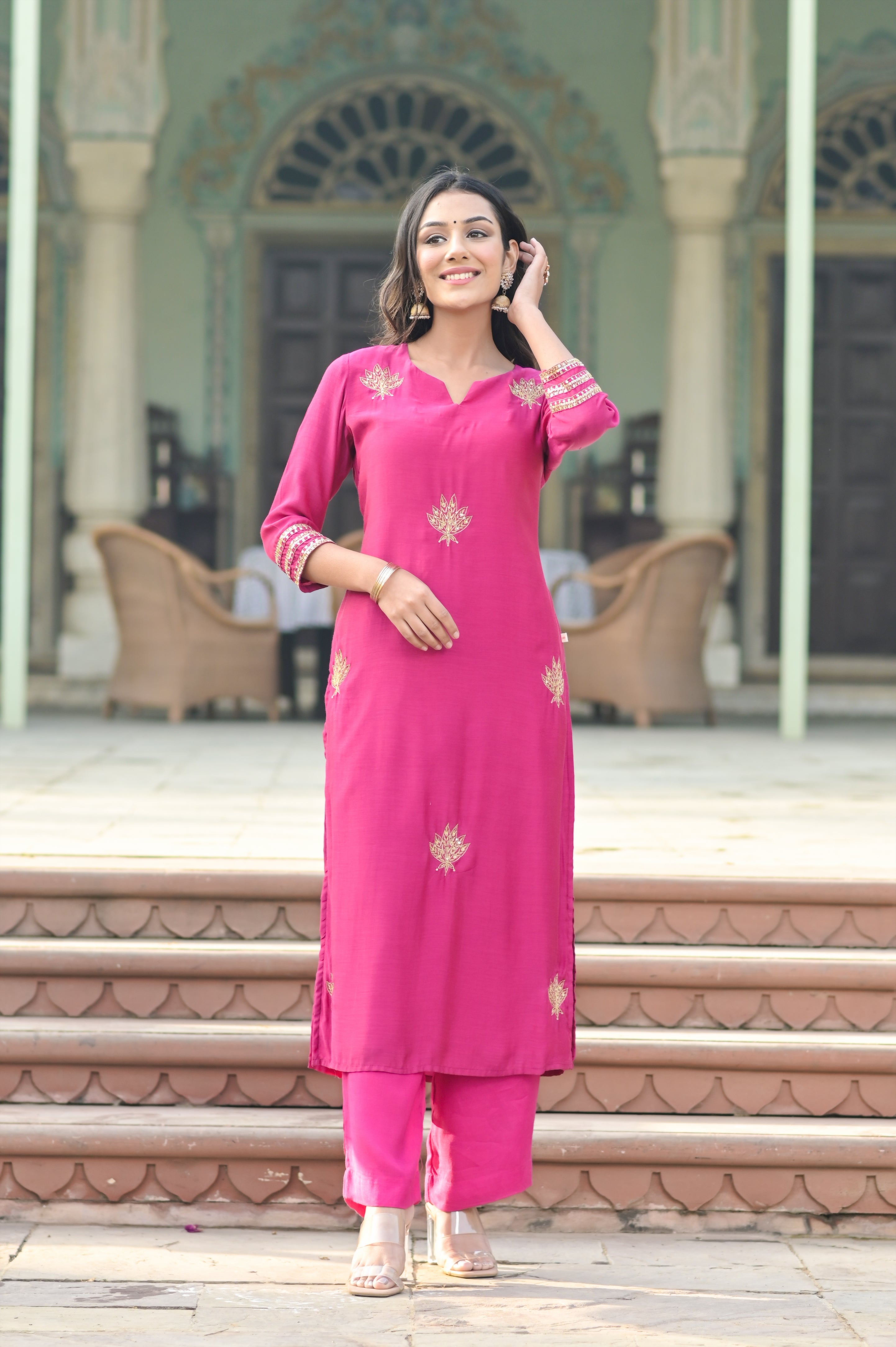Hot Pink Lotus Buti Kurta Set-3pcs