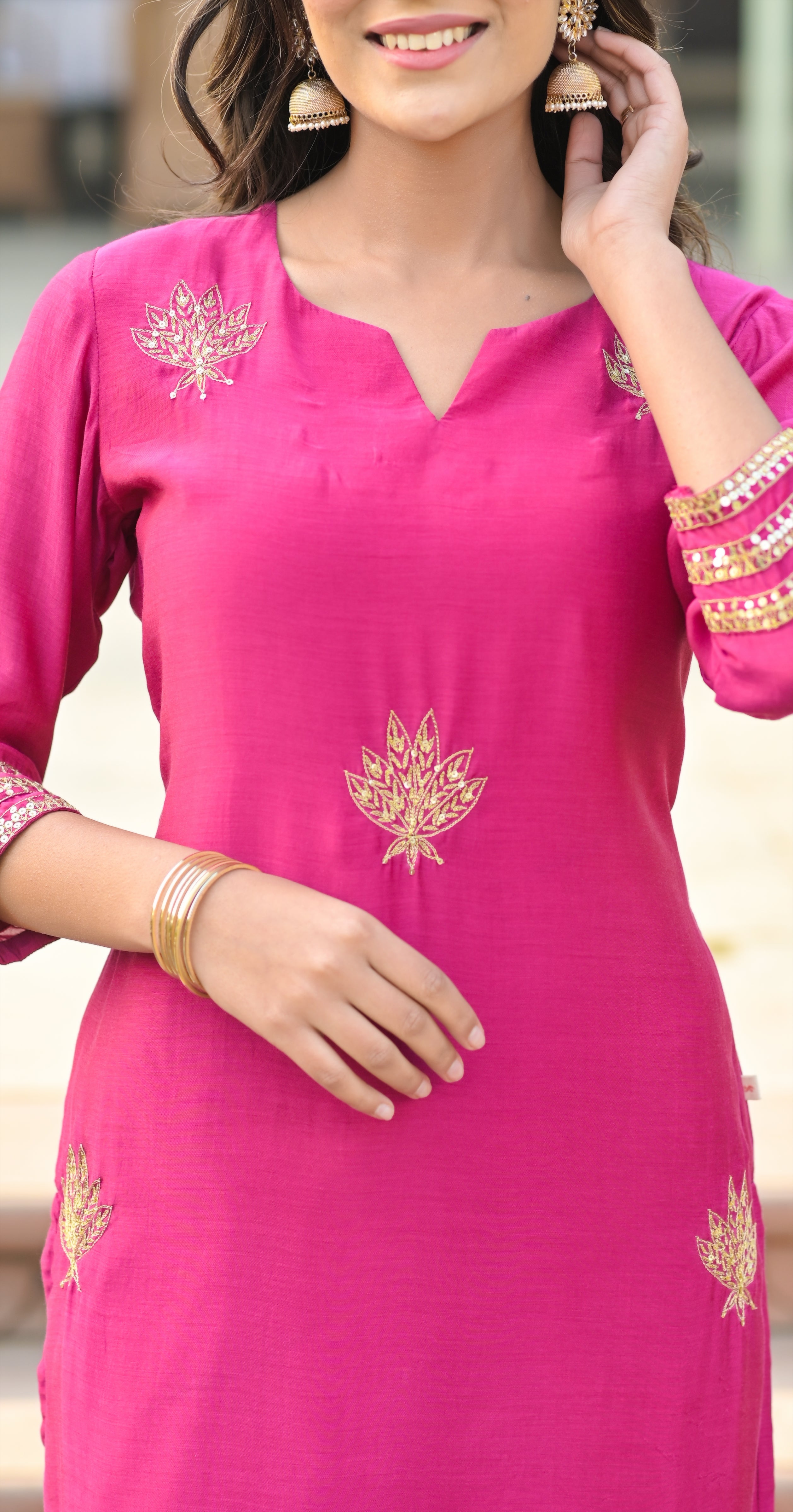 Hot Pink Lotus Buti Kurta Set-3pcs