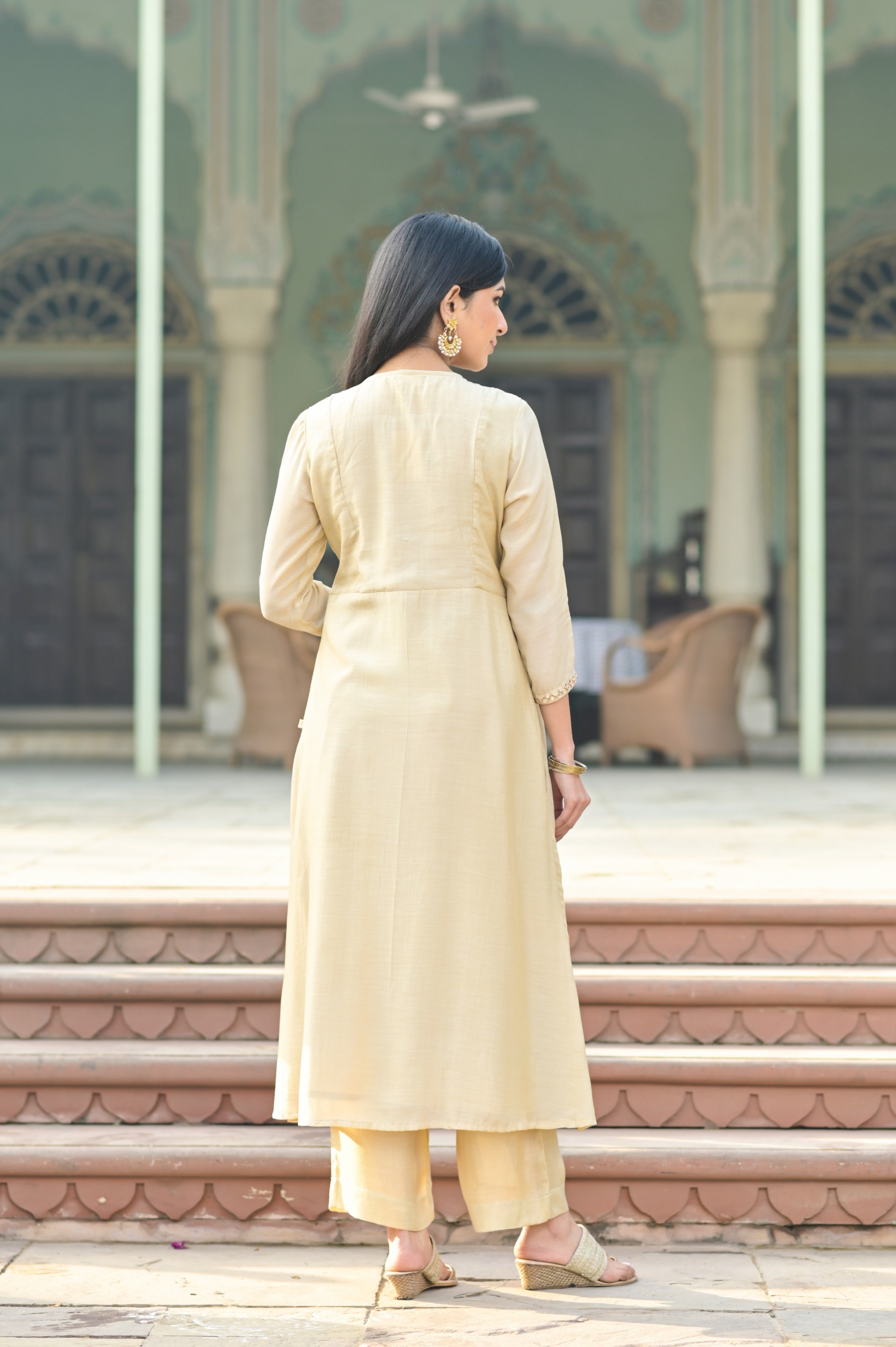 Beige Aari Work Placket Kurta Set-2pcs