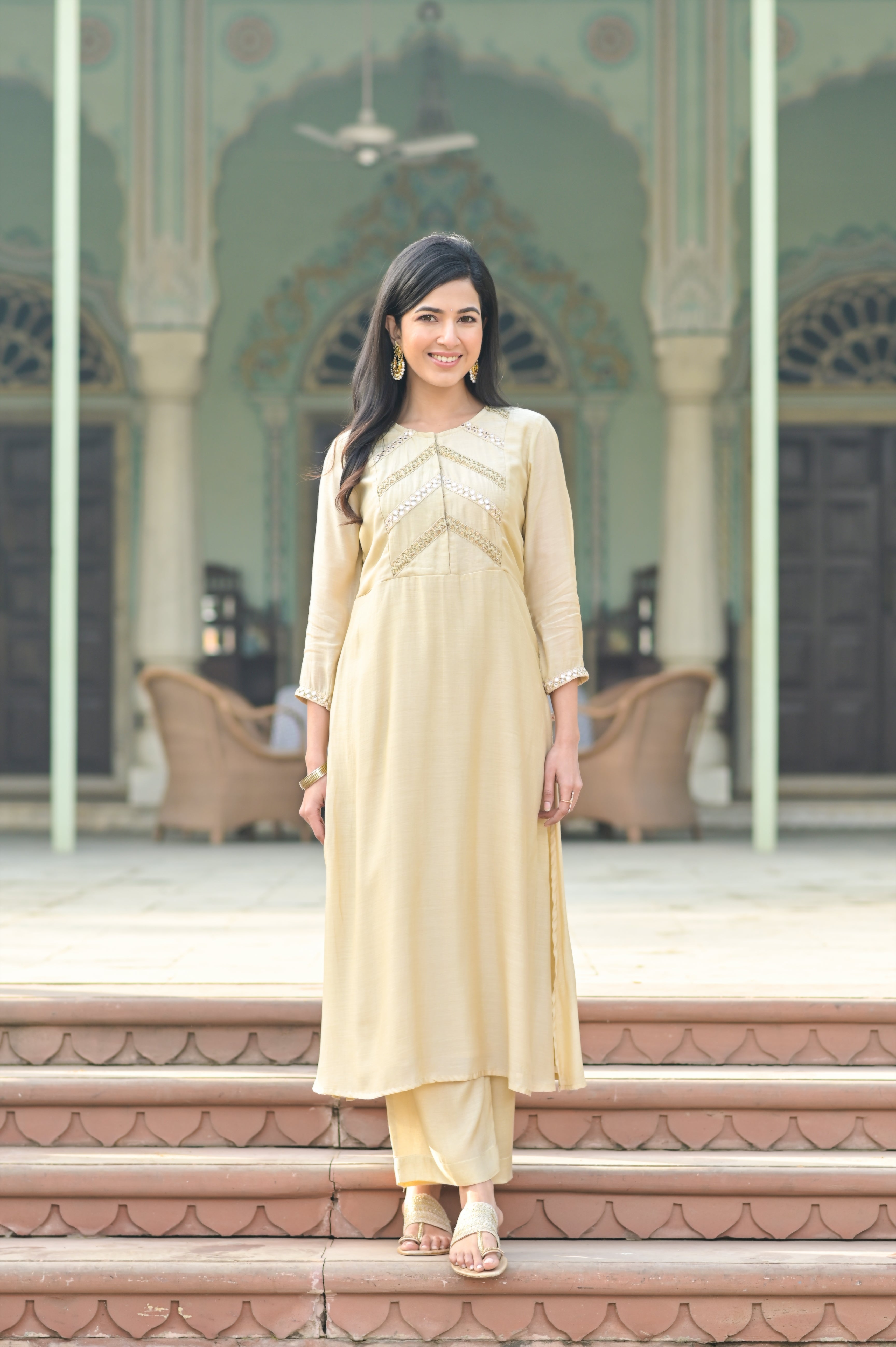 Beige Aari Work Placket Kurta Set-3pcs