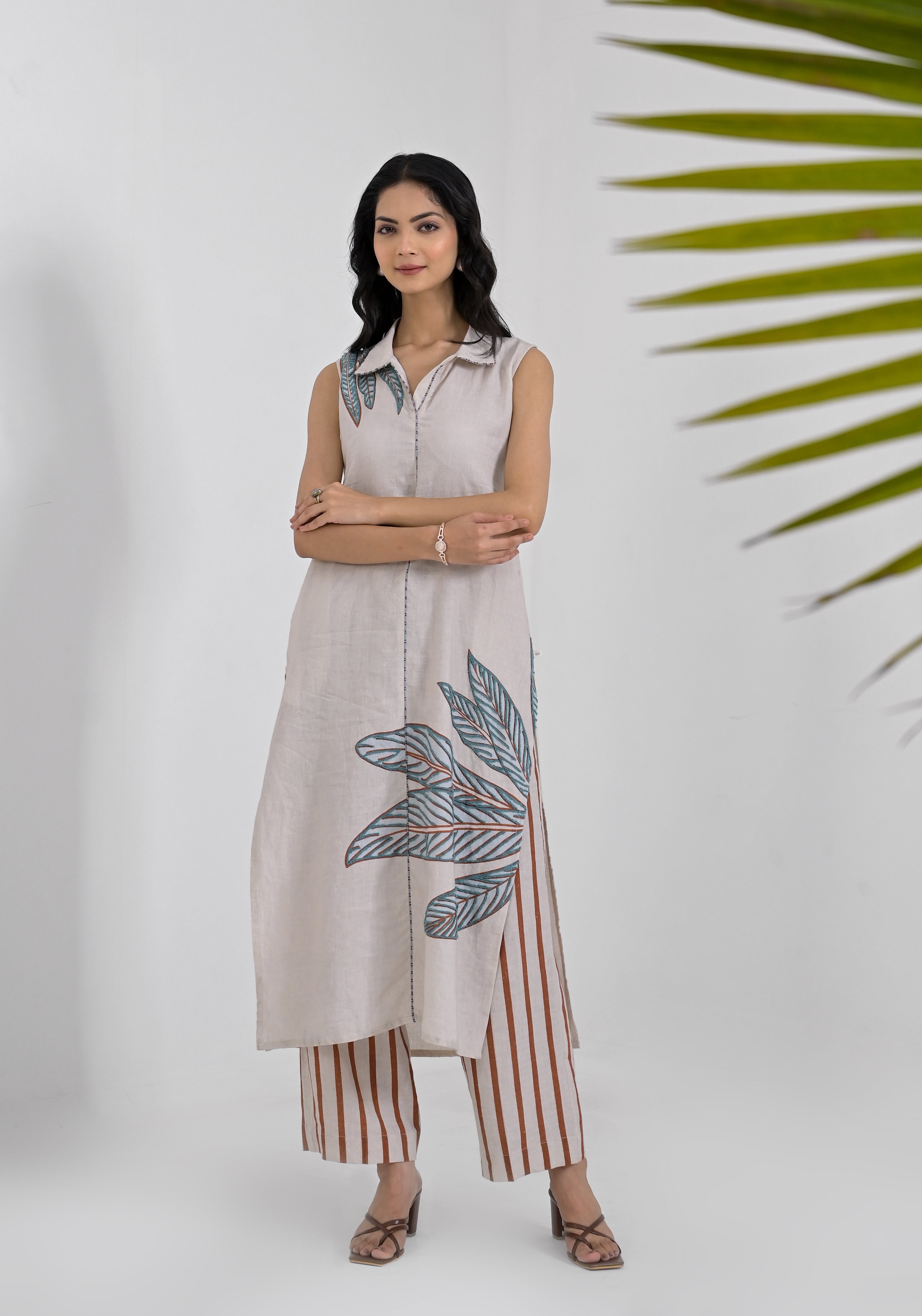Breeze Blue Floral Placement Aari Kurta Set-2pcs