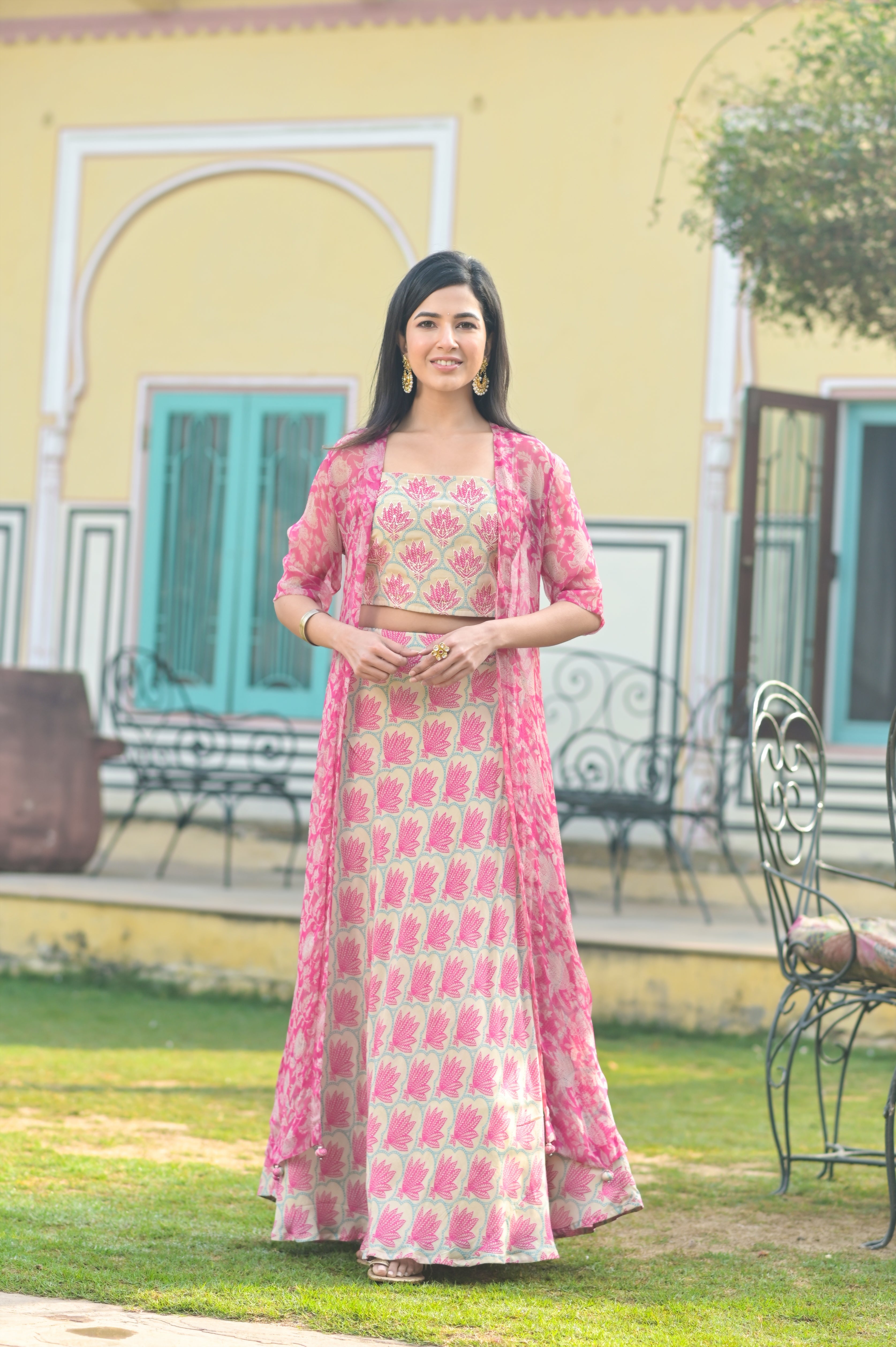 Pink Lotus Crop Top & Skirt Set With Floral chiffon Jacket