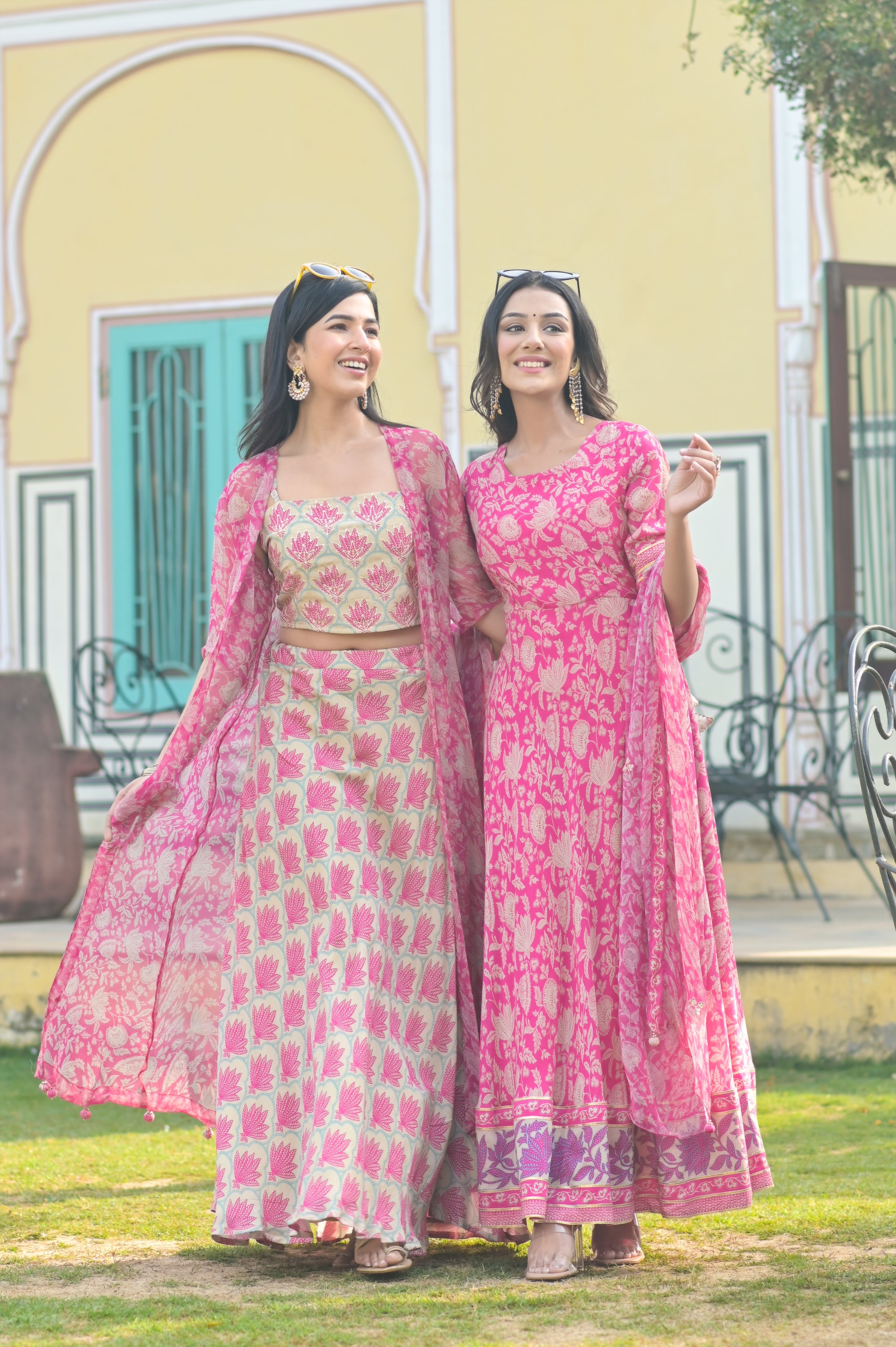 Pink Lotus Crop Top & Skirt Set With Floral chiffon Jacket