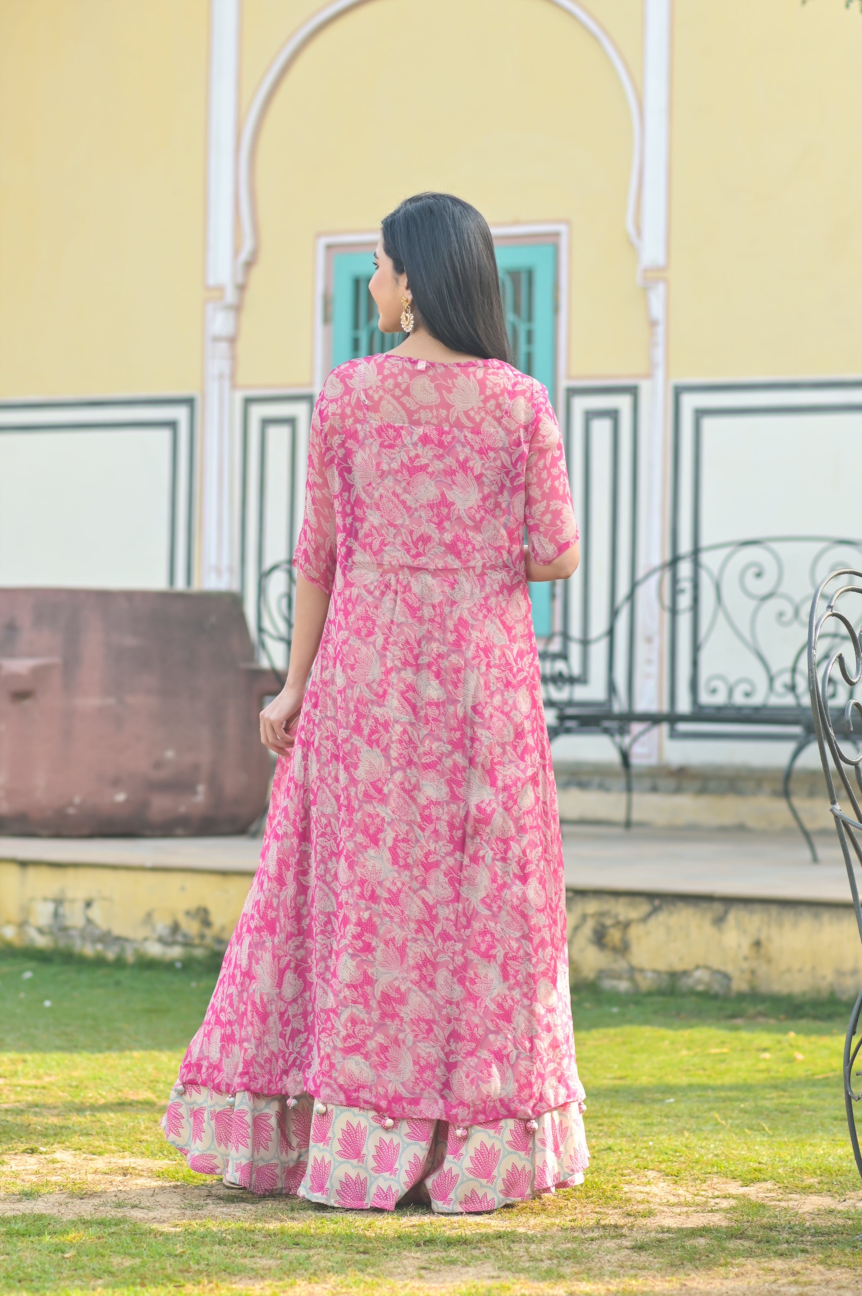 Pink Lotus Crop Top & Skirt Set With Floral chiffon Jacket