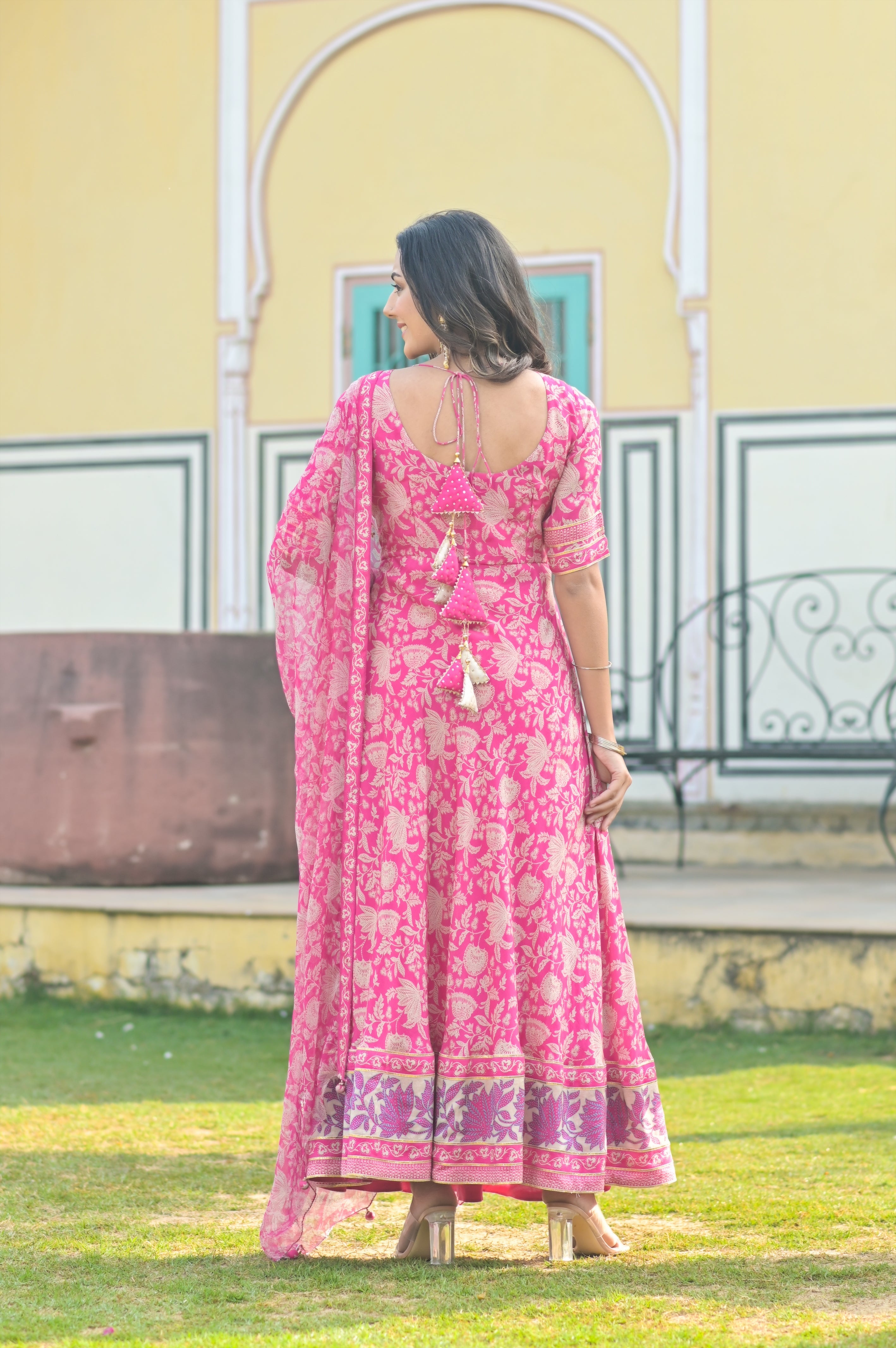 Pink muslin silk deep back anarkali with chiffon dupatta