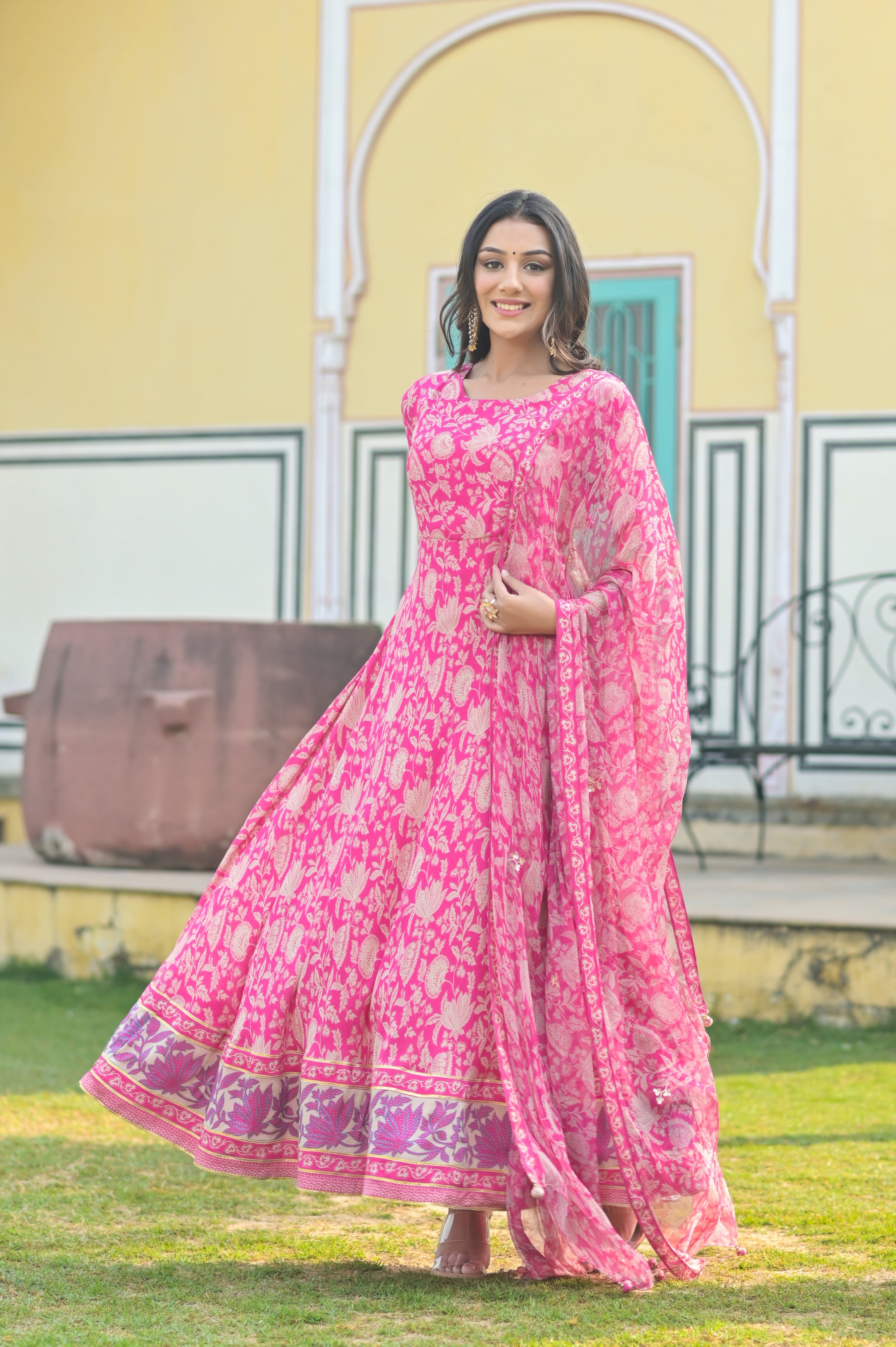 Pink Anarkali Muslin Silk Floral Dress