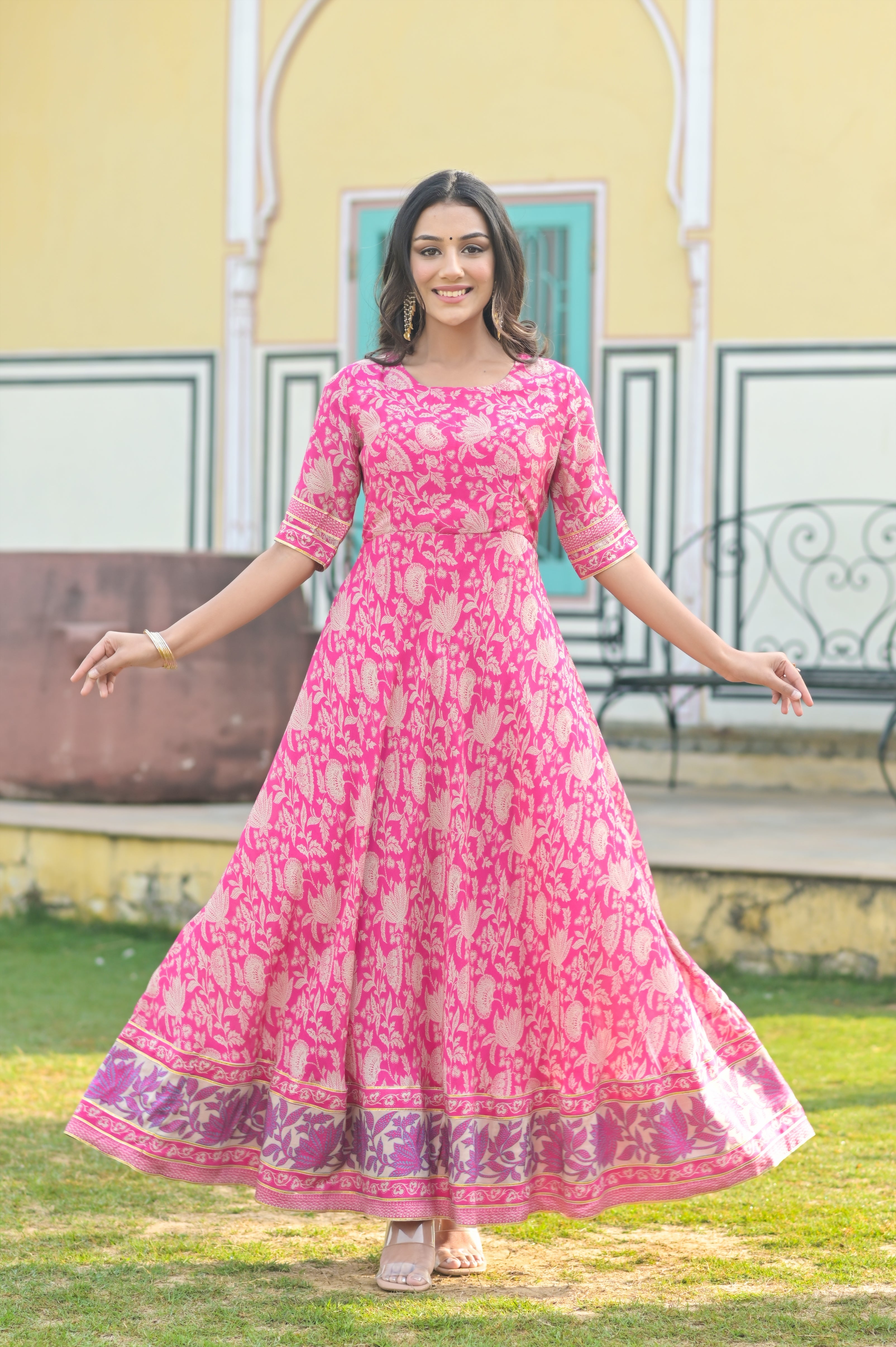 Pink Anarkali Muslin Silk Floral Dress