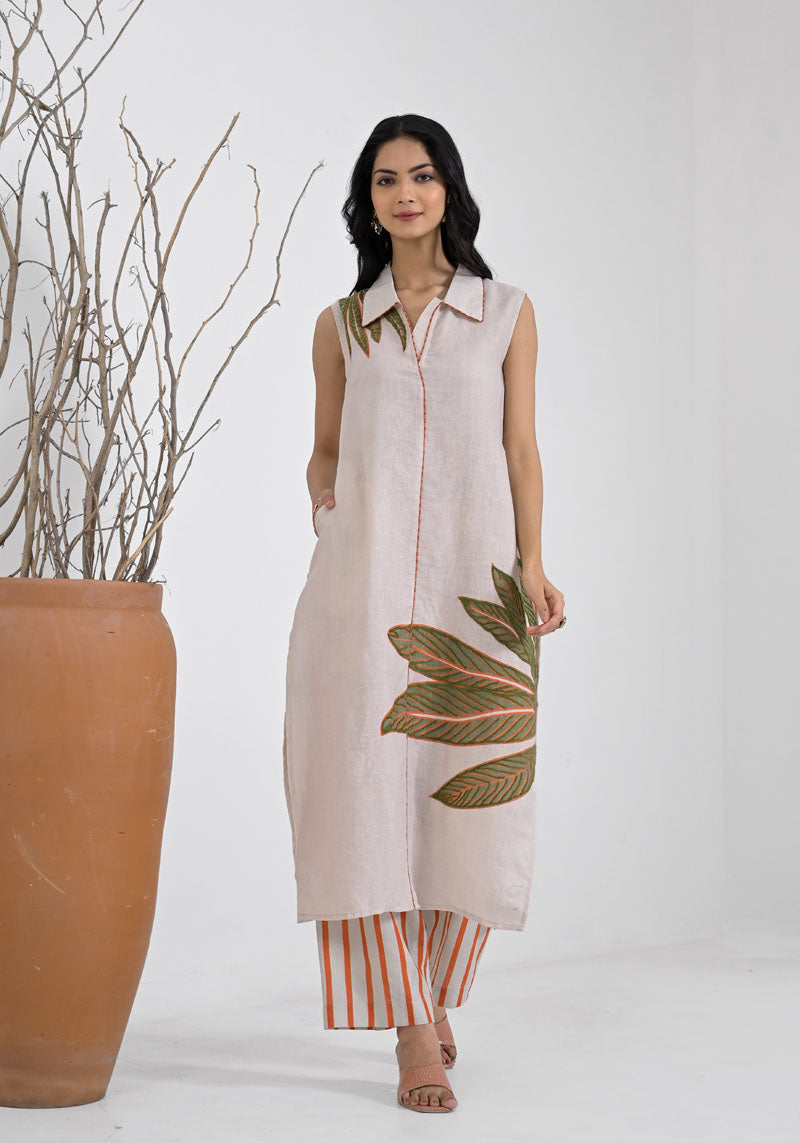 Breeze Orange Floral Placement Aari Kurta Set-2pcs