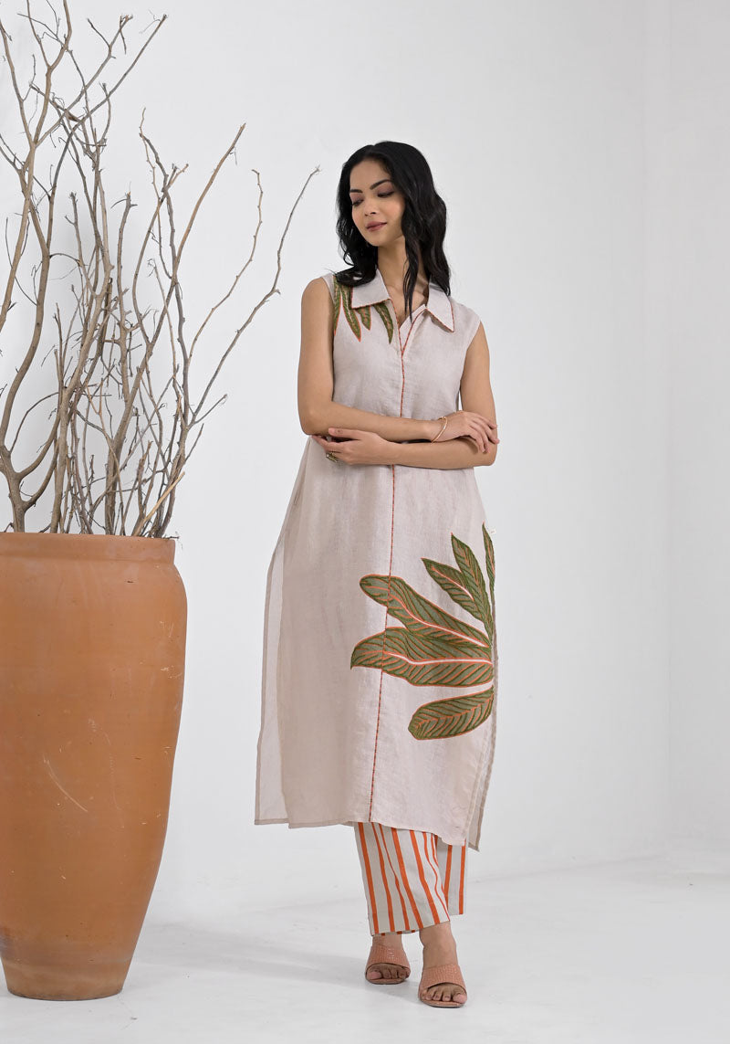 Breeze Orange Floral Placement Aari Kurta Set-2pcs