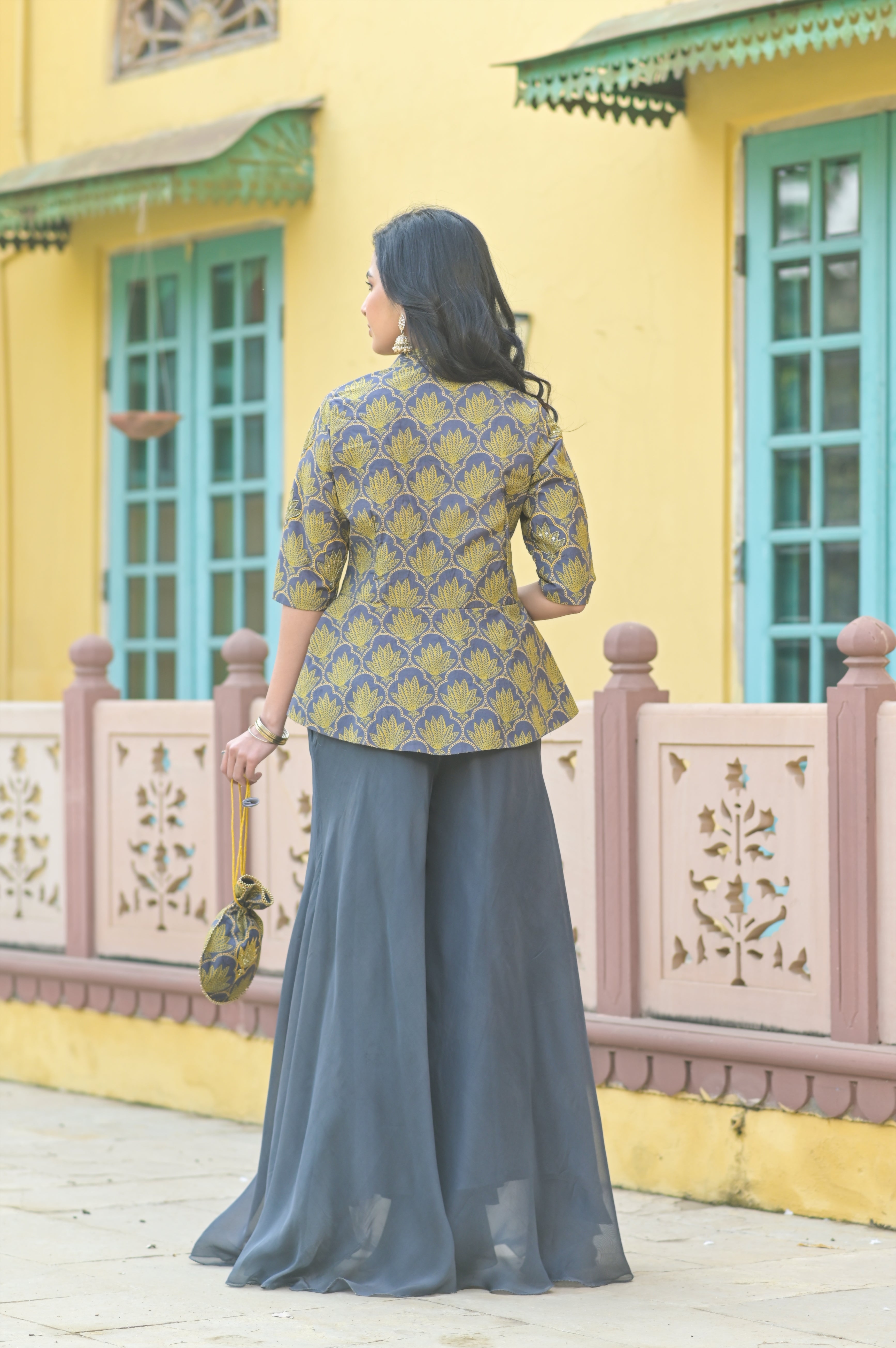 Grey Lotus Peplum Top Flared Pants Set