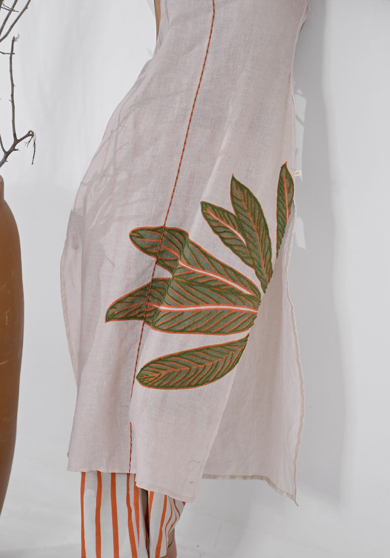 Breeze Orange Floral Placement Aari Kurta Set-2pcs