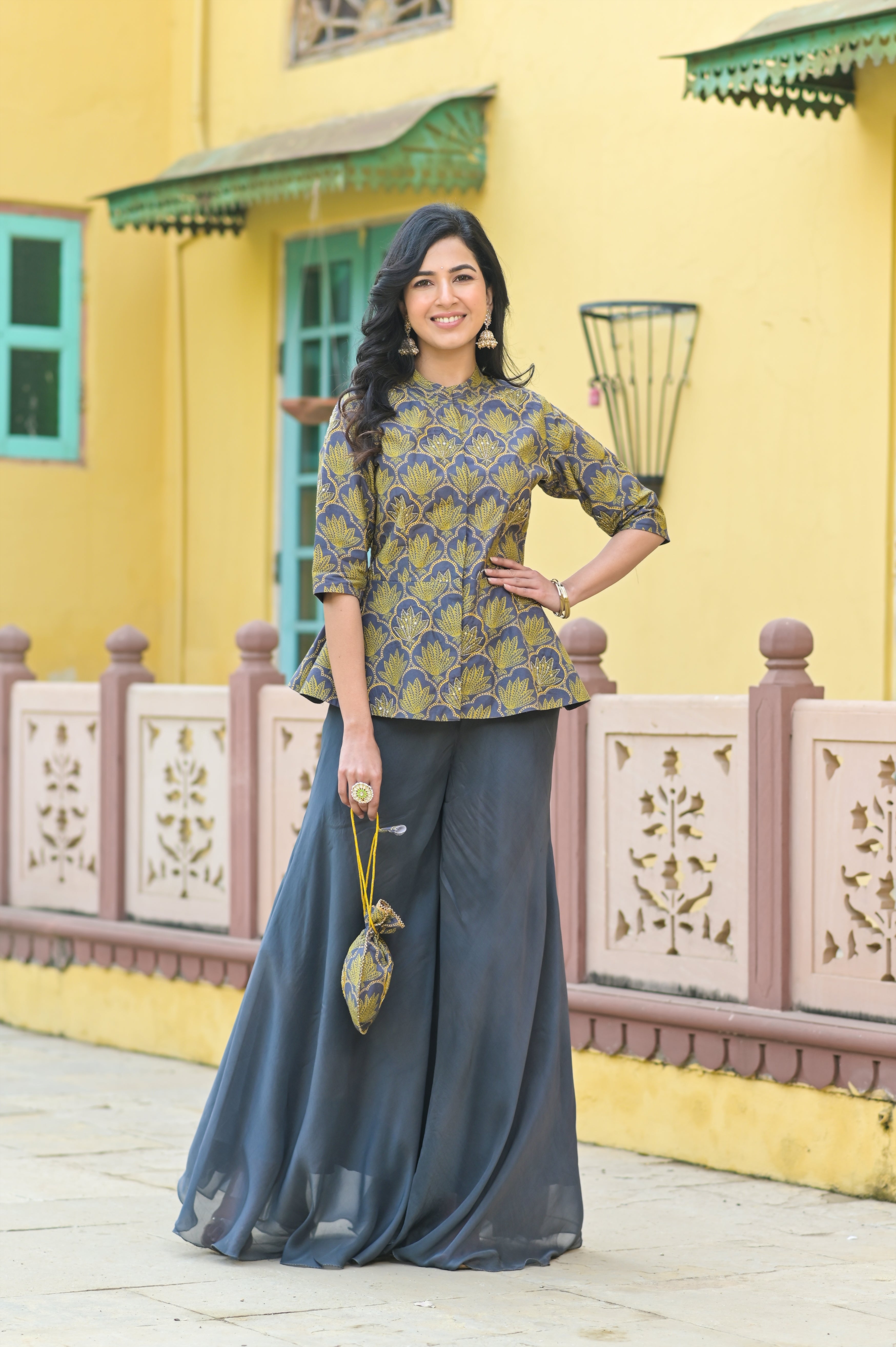 Grey Lotus Peplum Top Flared Pants Set