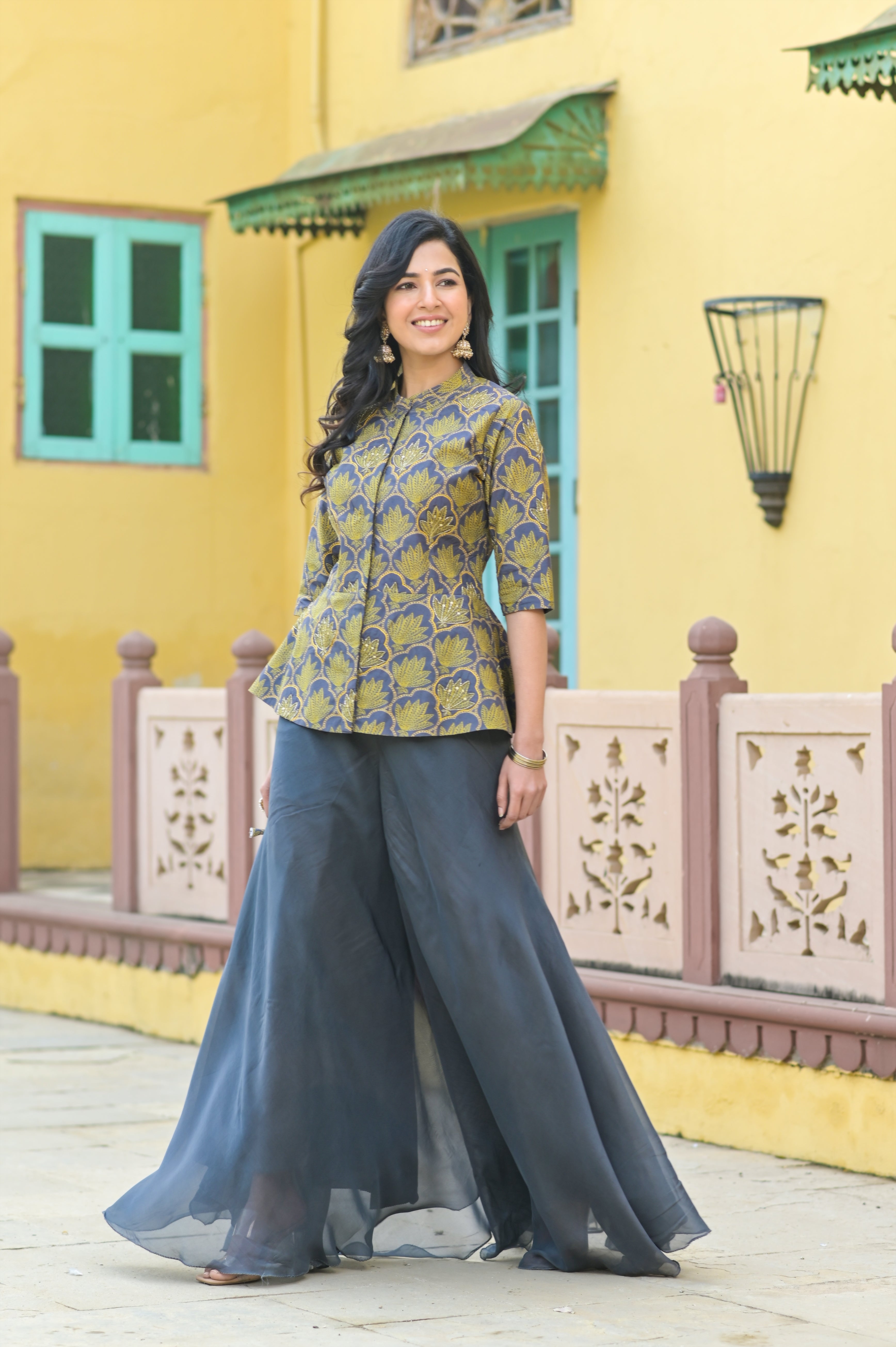 Grey Lotus Peplum Top Flared Pants Set