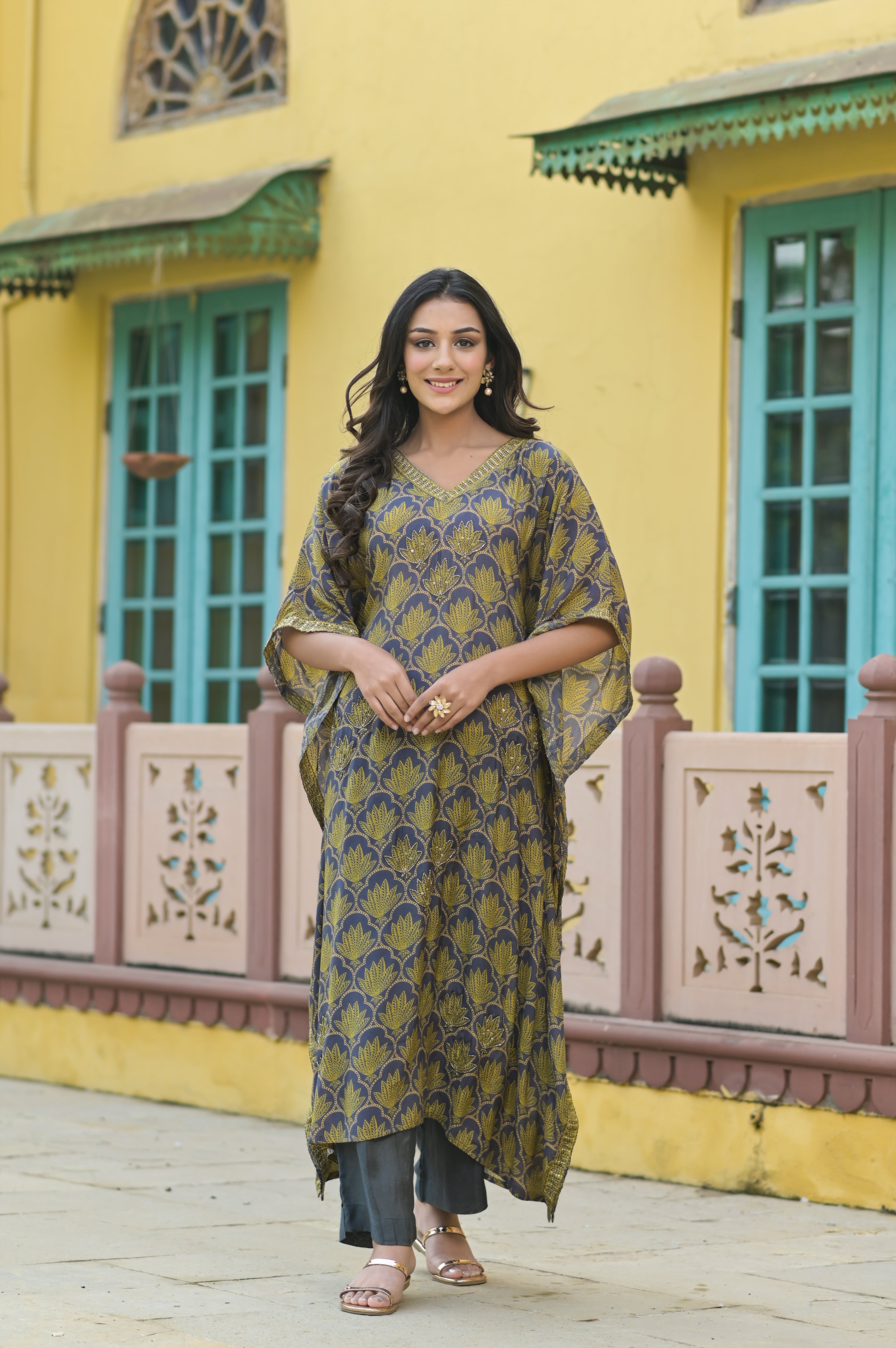 Grey Lotus Kaftan Set