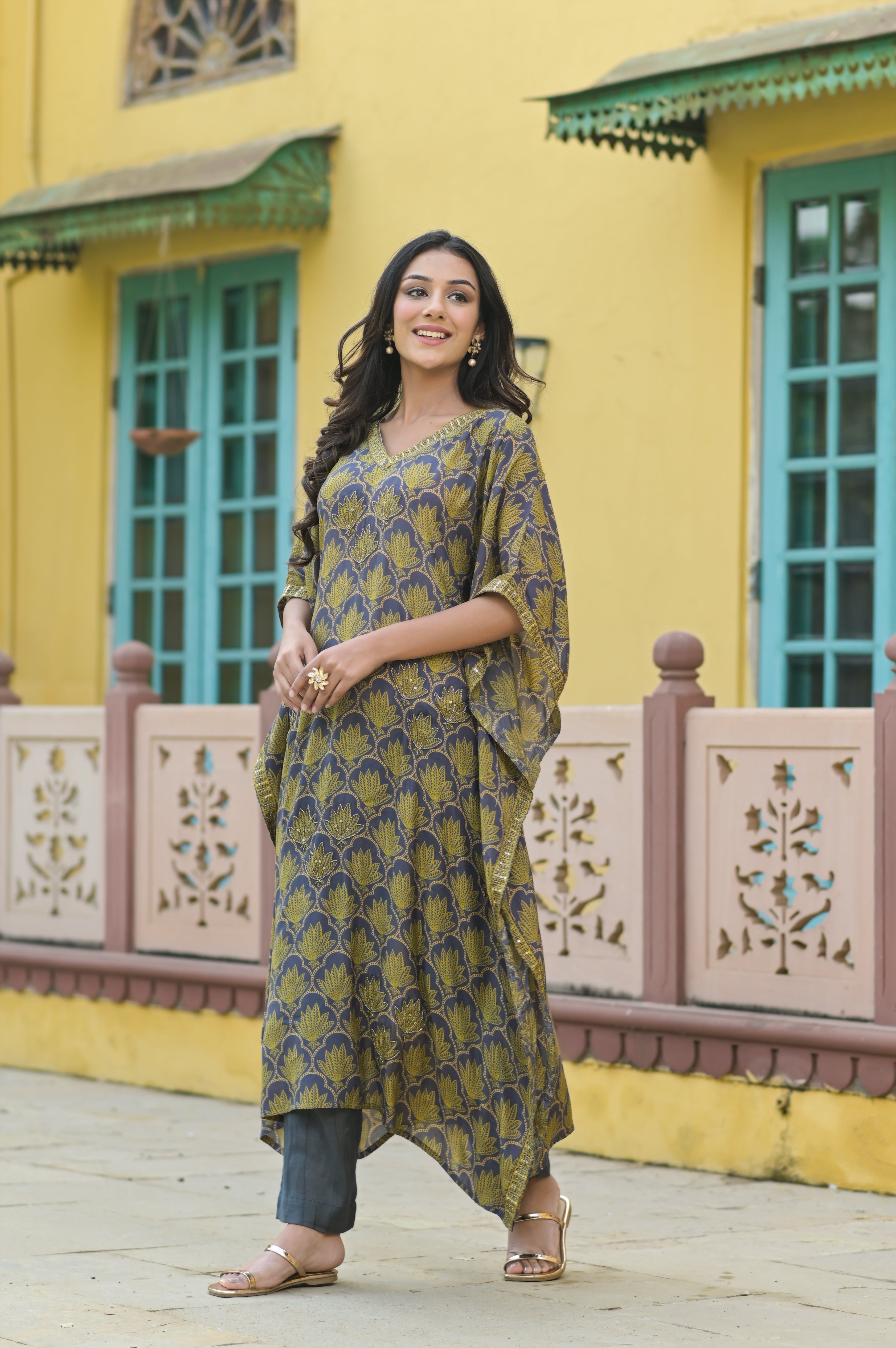 Grey Lotus Kaftan Set