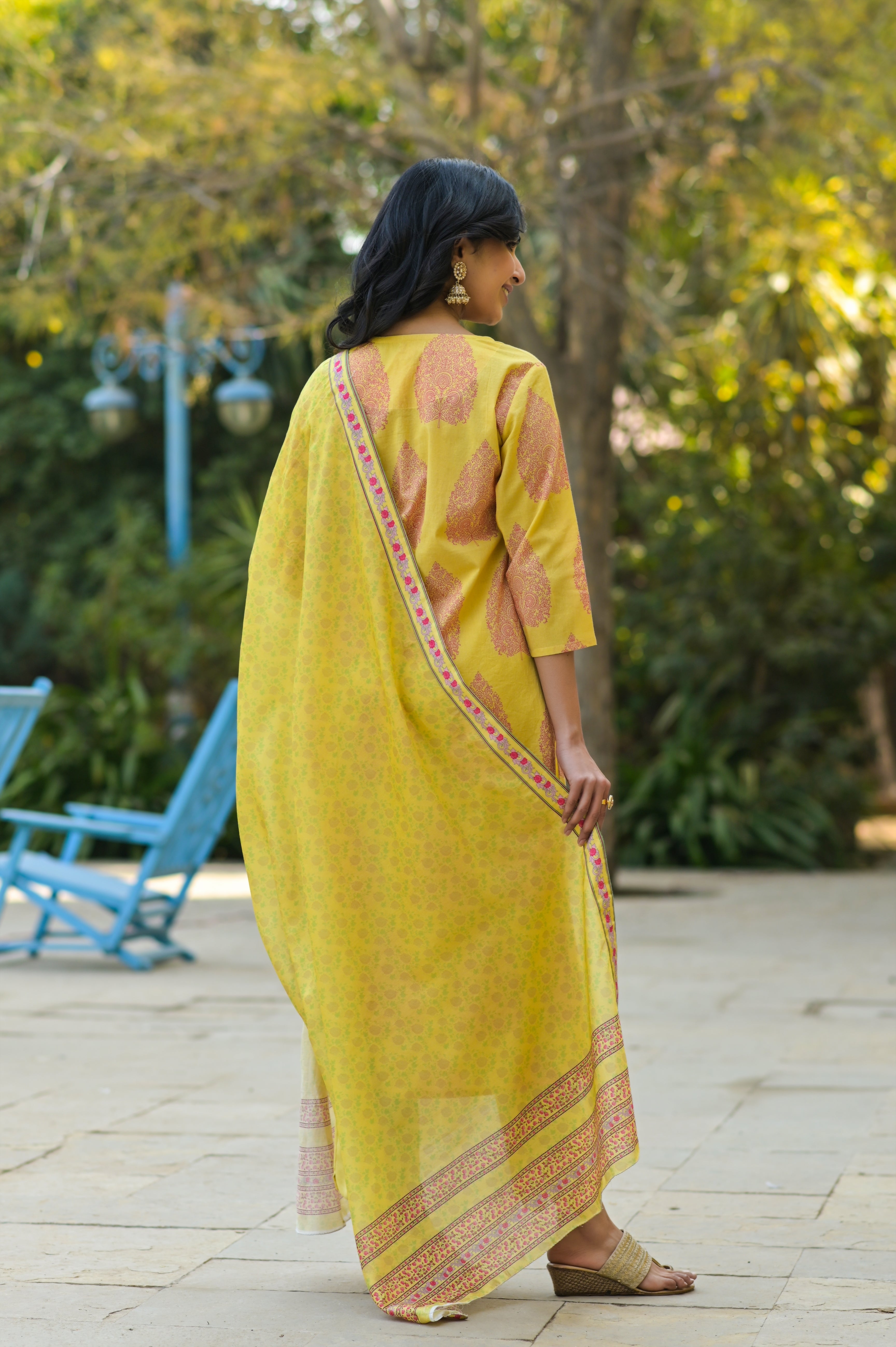 Yellow Kantha Paan Kurta Set-3pcs