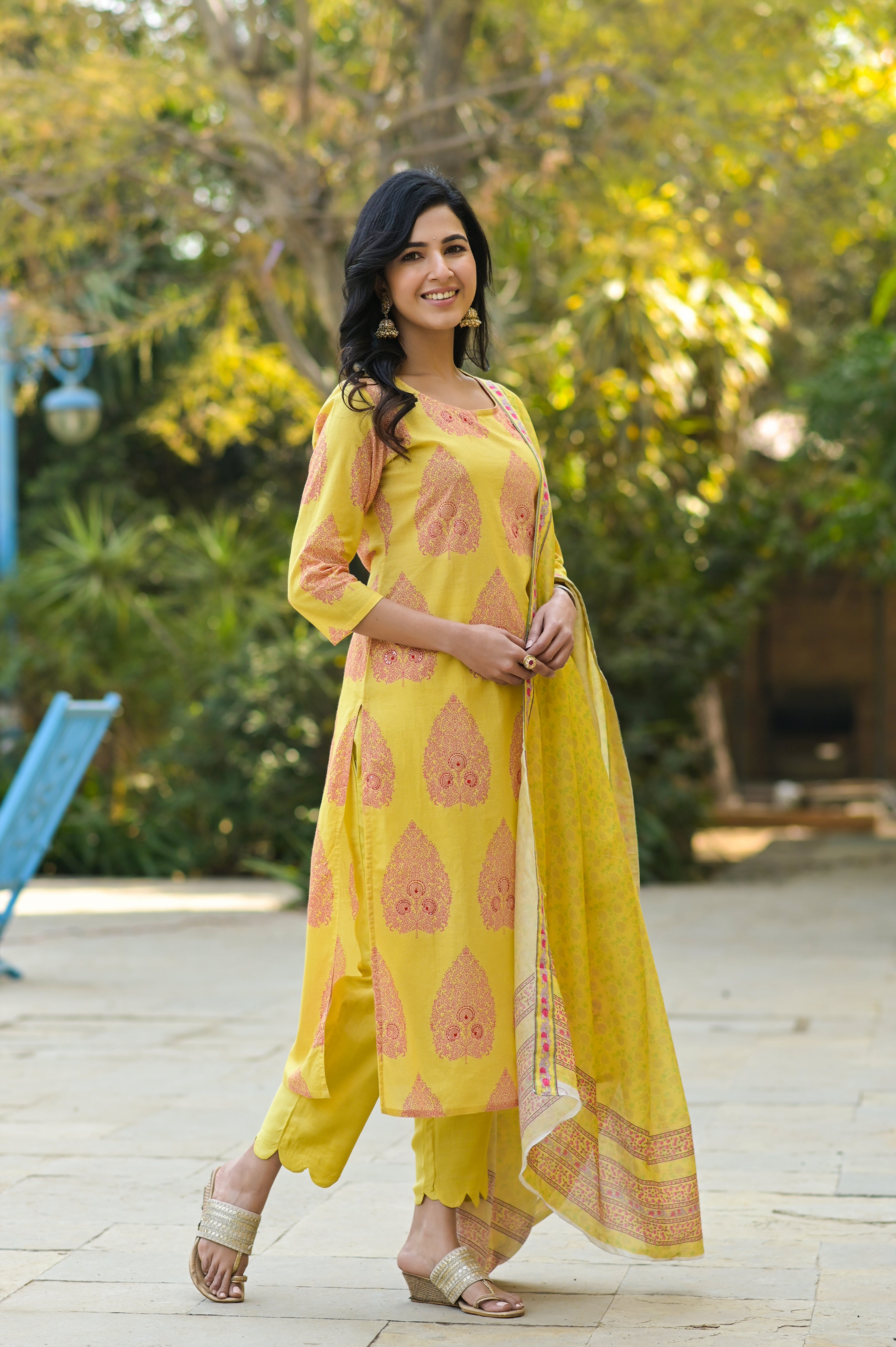 Yellow Kantha Paan Kurta Set-3pcs