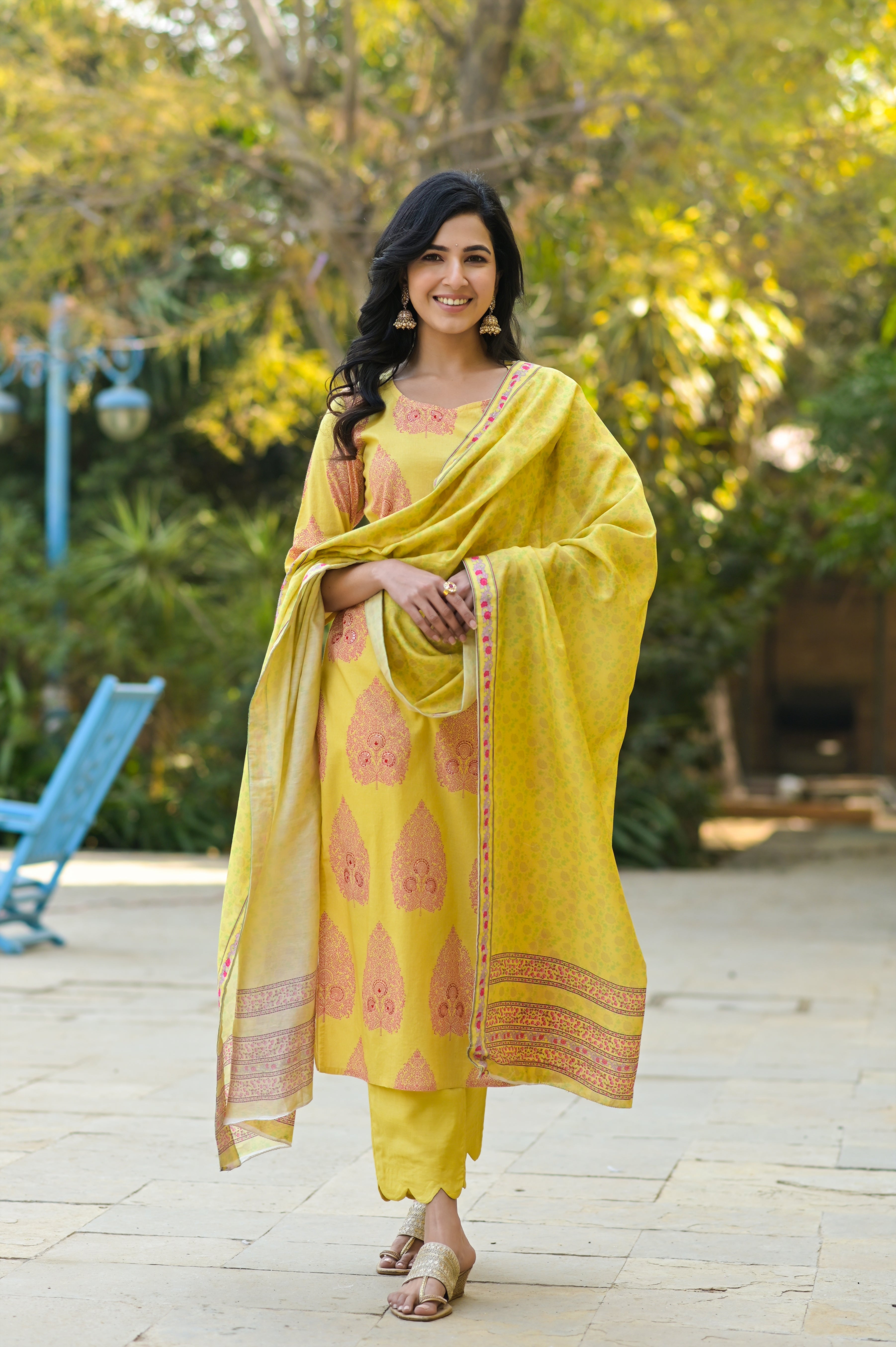 Yellow Kantha Paan Kurta Set-3pcs