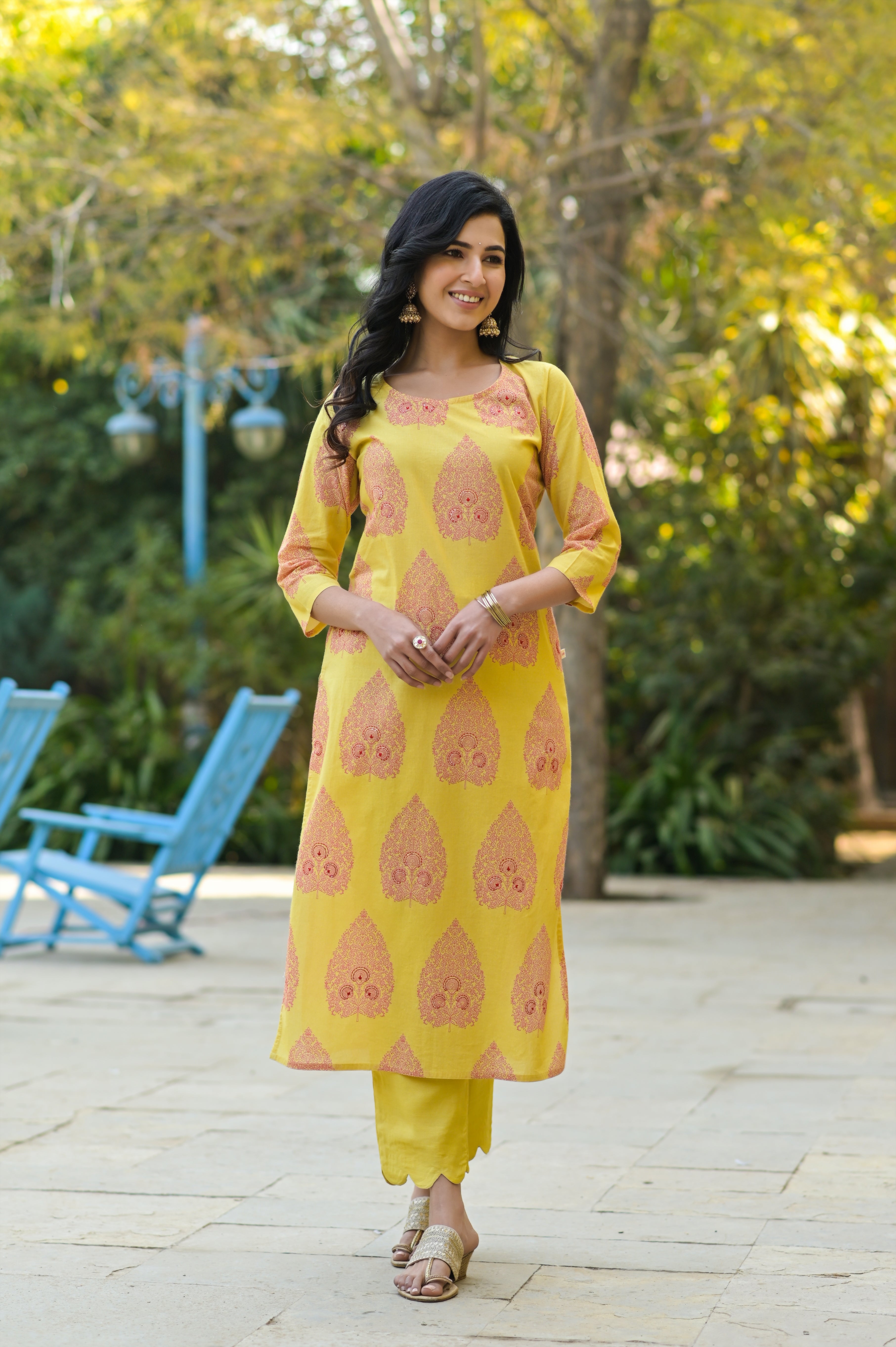 Yellow Kantha Paan Kurta Set-3pcs