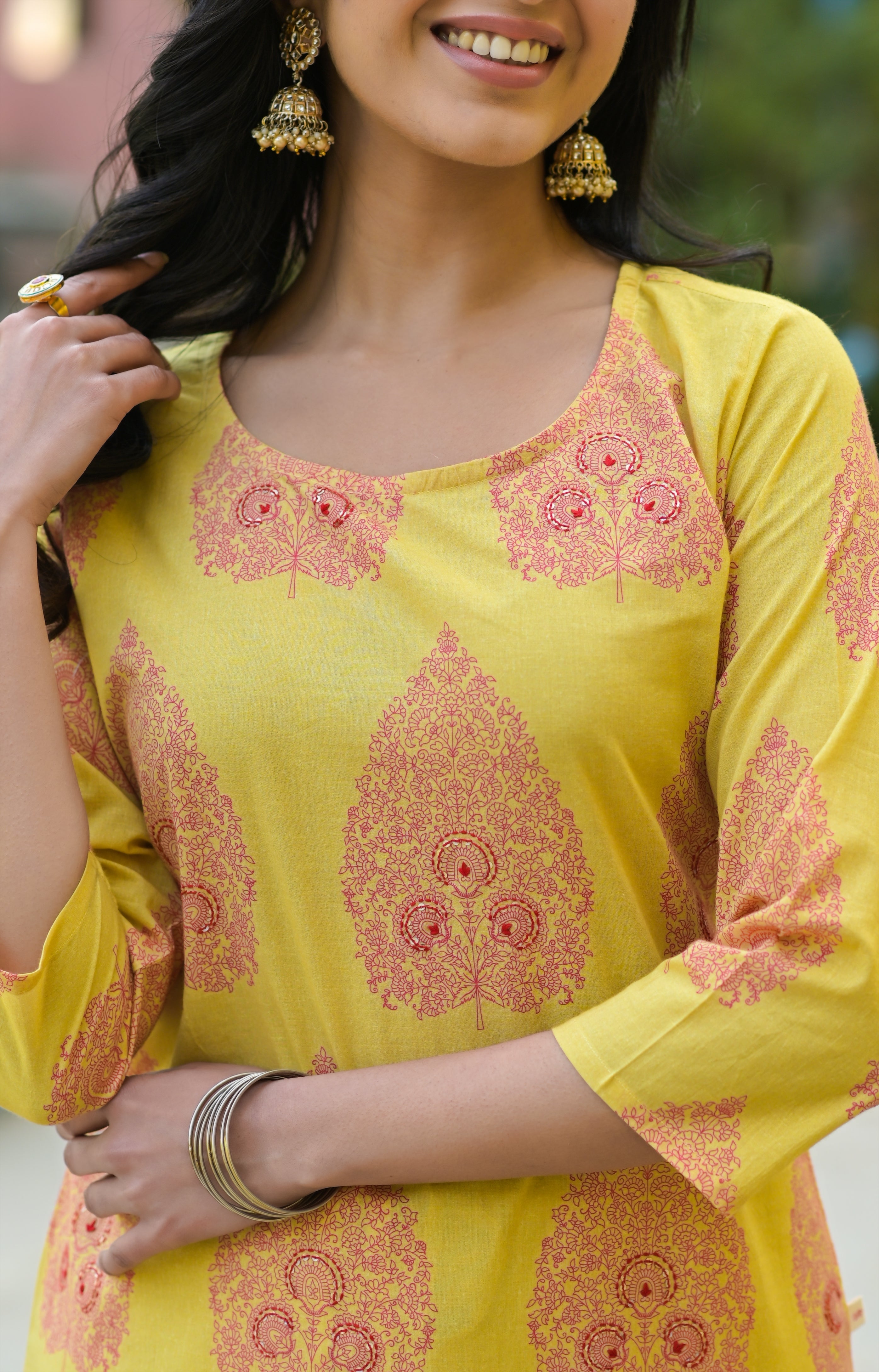 Yellow Kantha Paan Kurta Set-3pcs