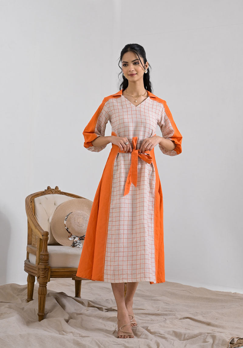 Breeze Orange Check Patch Dress