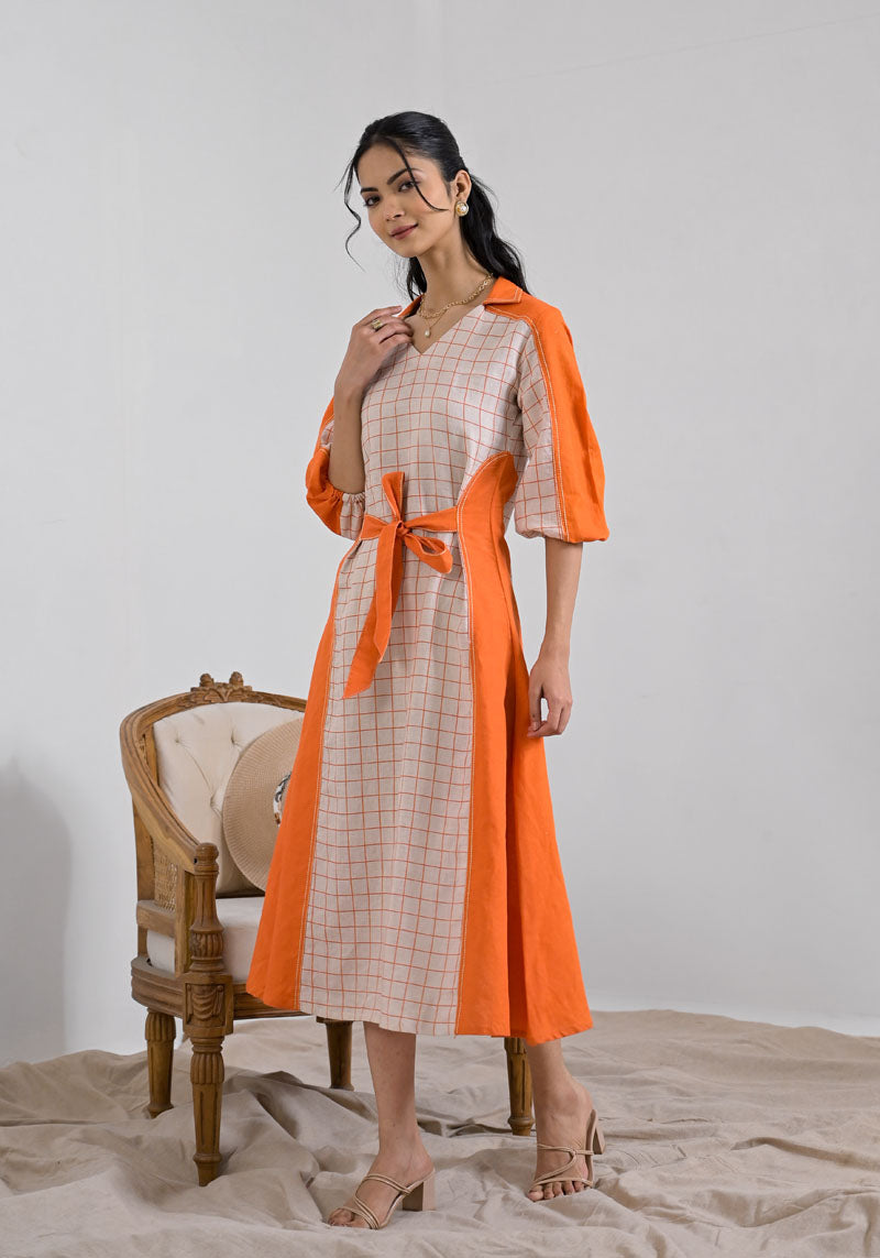 Breeze Orange Check Patch Dress