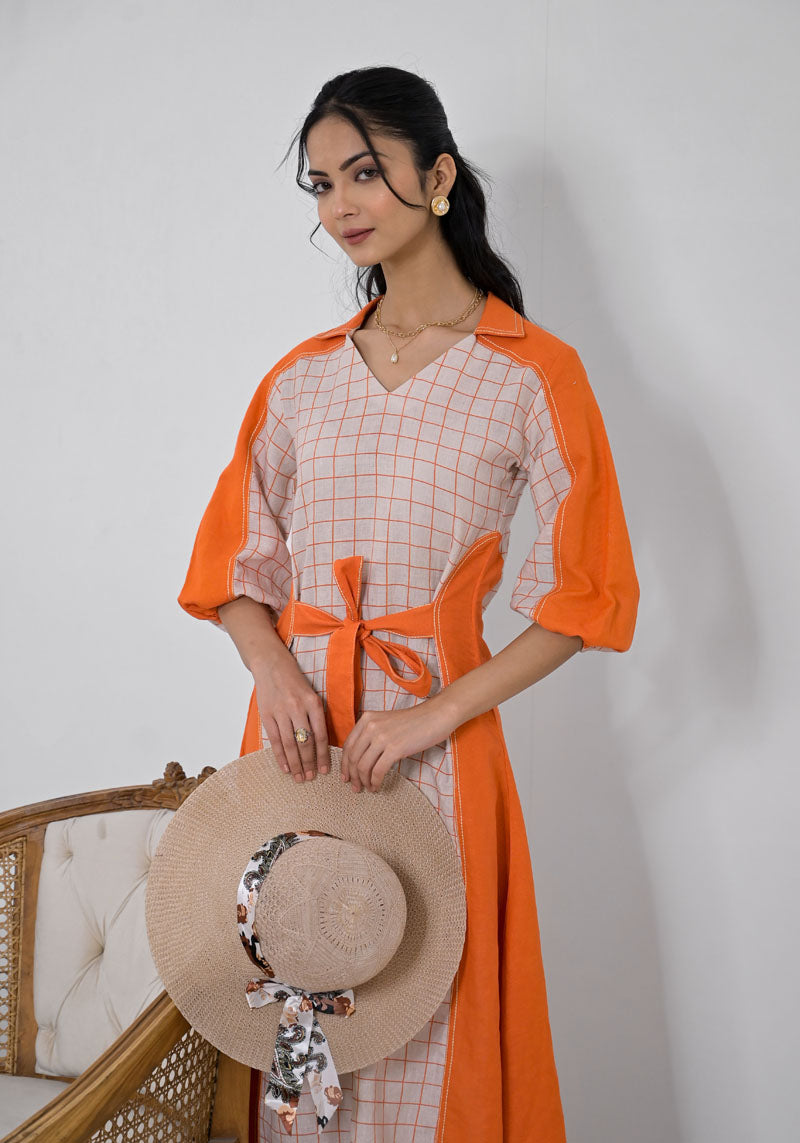 Breeze Orange Check Patch Dress