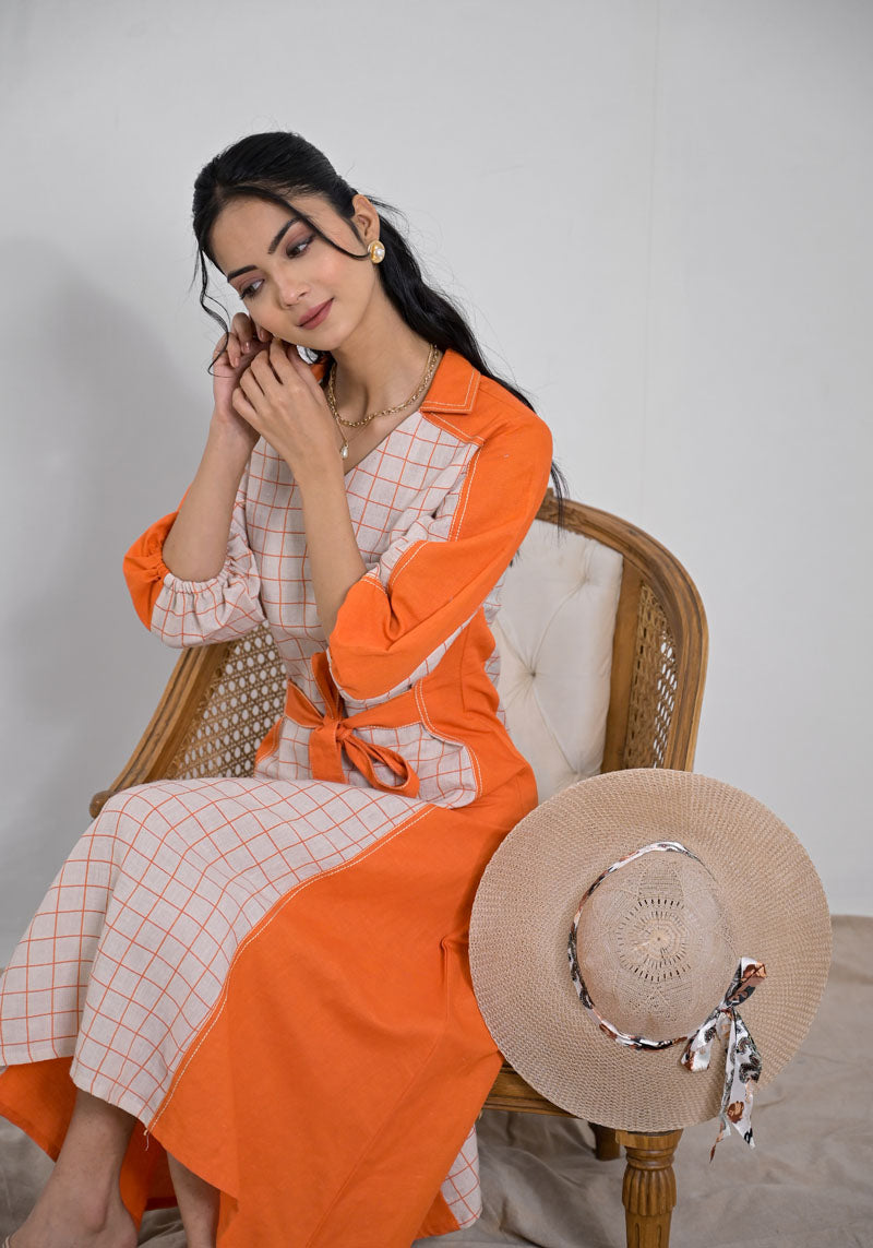 Breeze Orange Check Patch Dress