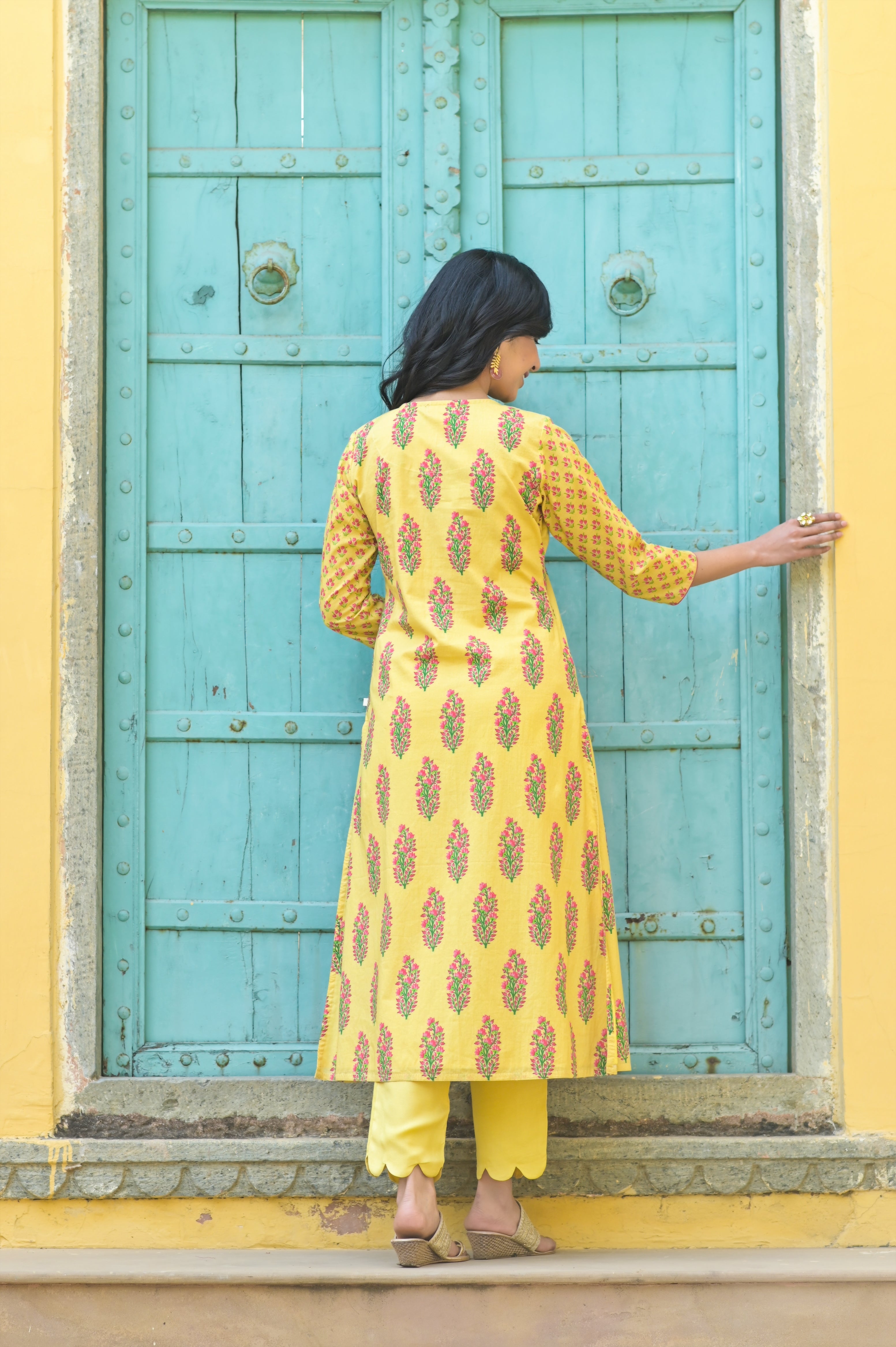 Yellow Buti Yoke Kurta Set-3pcs