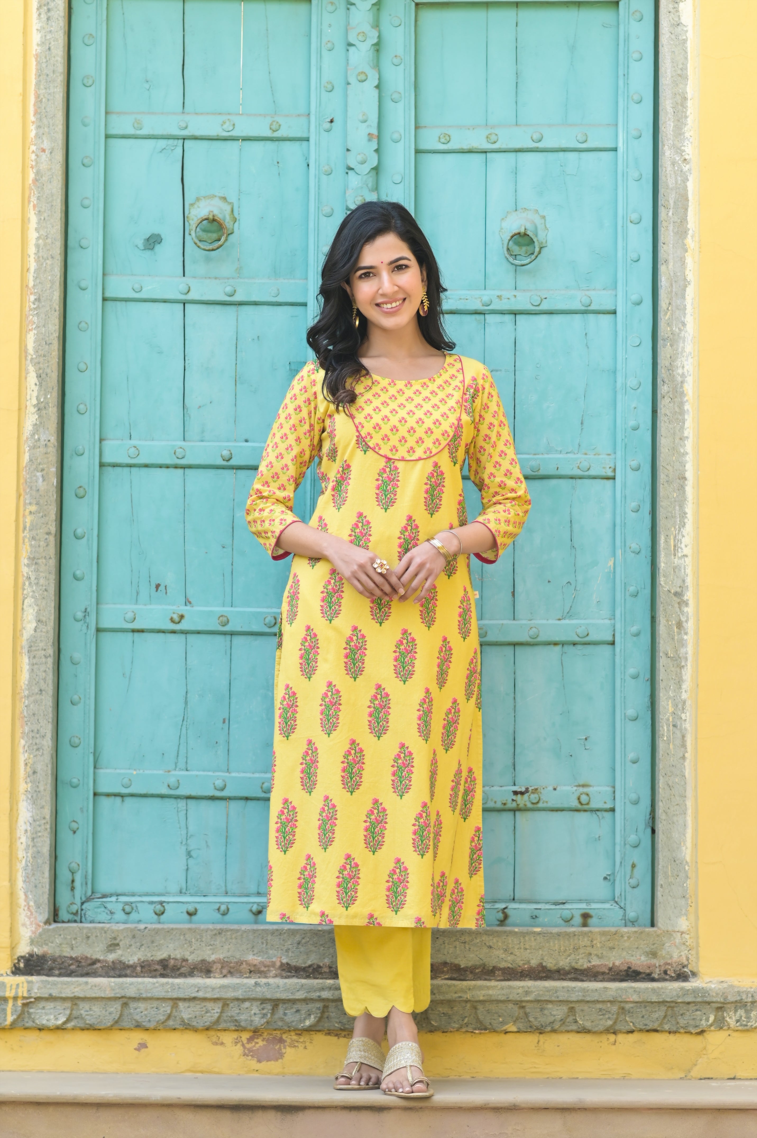 Yellow Buti Yoke Kurta Set-3pcs