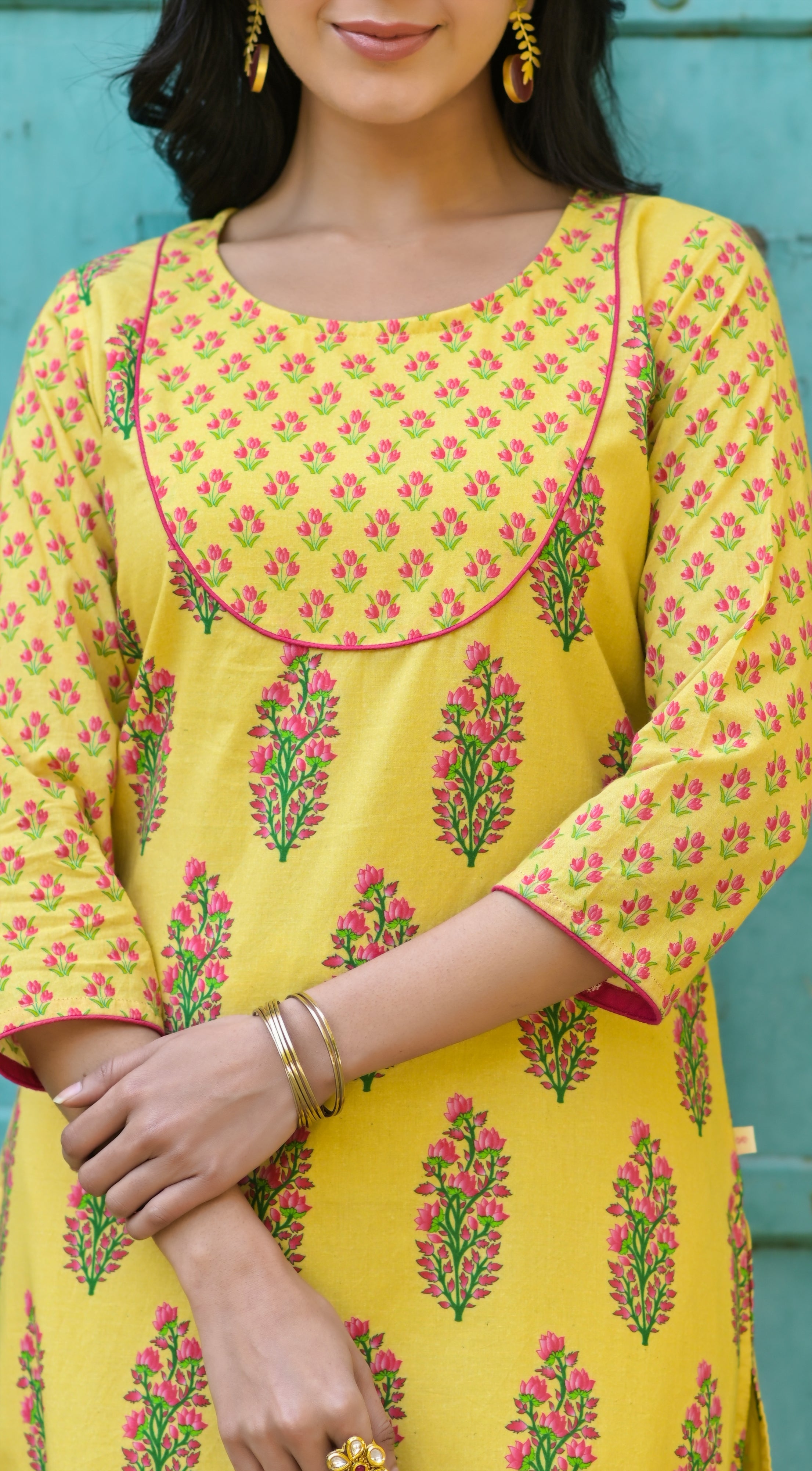 Yellow Buti Yoke Kurta Set-3pcs