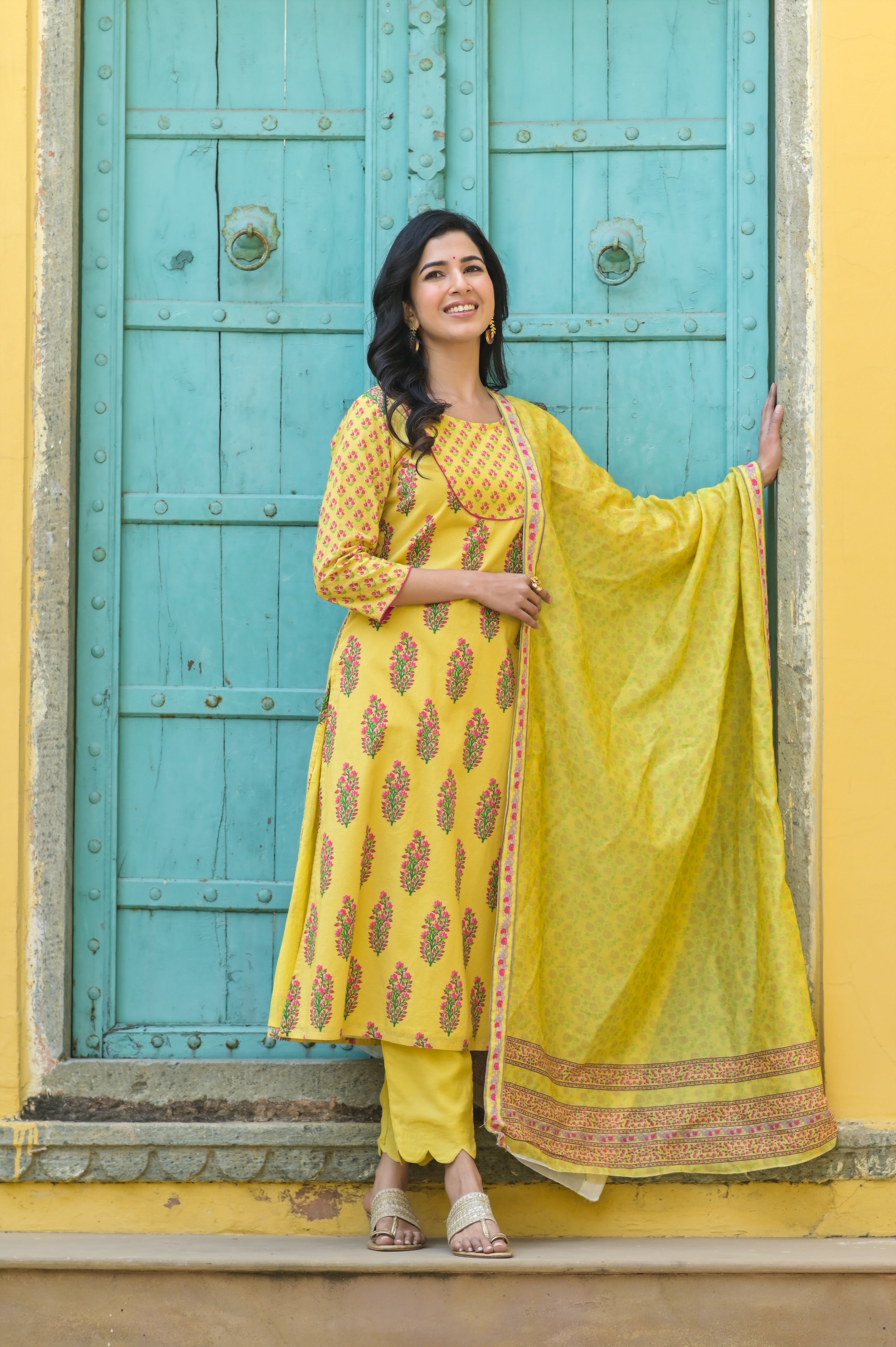 Yellow Buti Yoke Kurta Set-3pcs