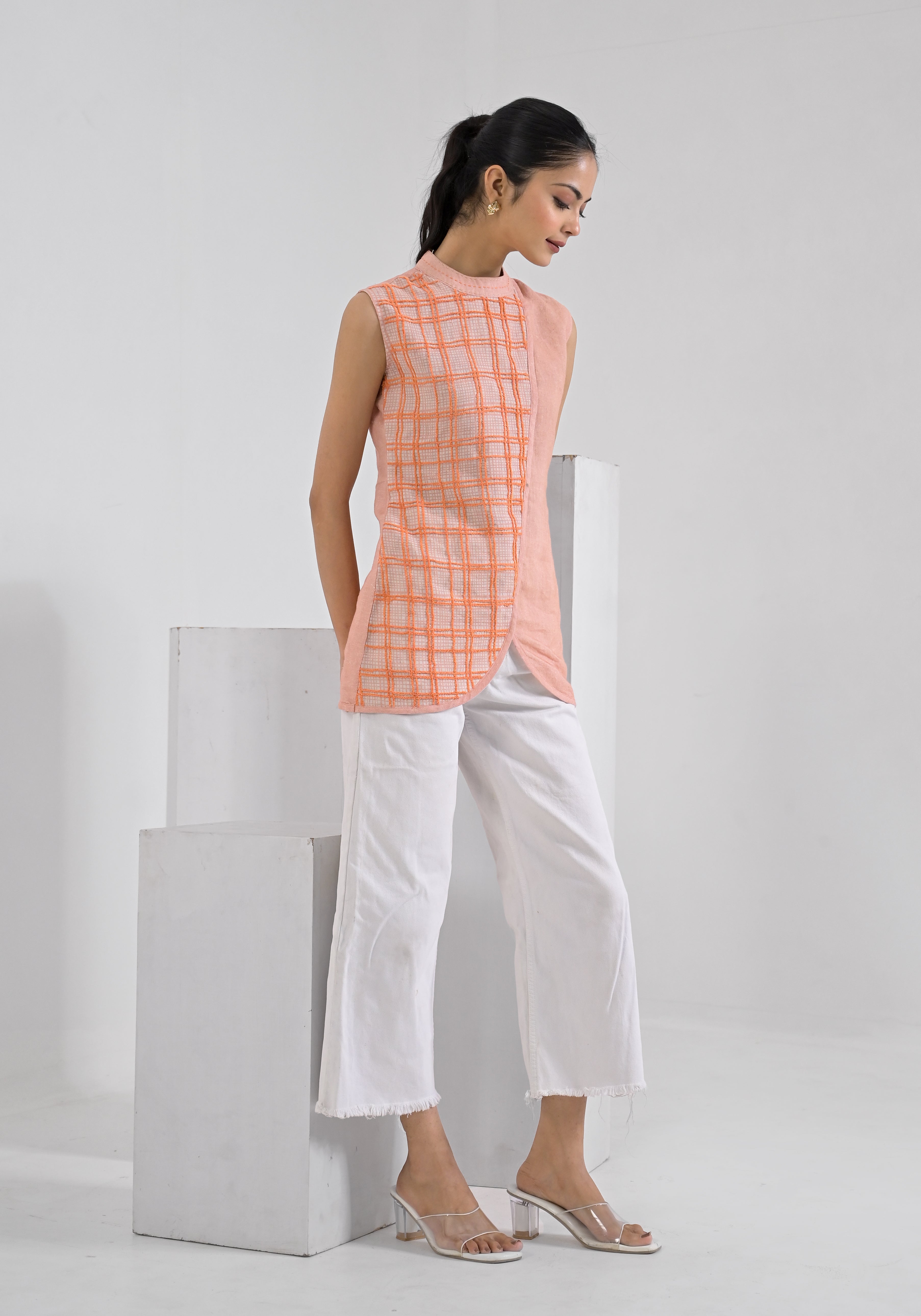 Breeze Peach Aari Check Tunic