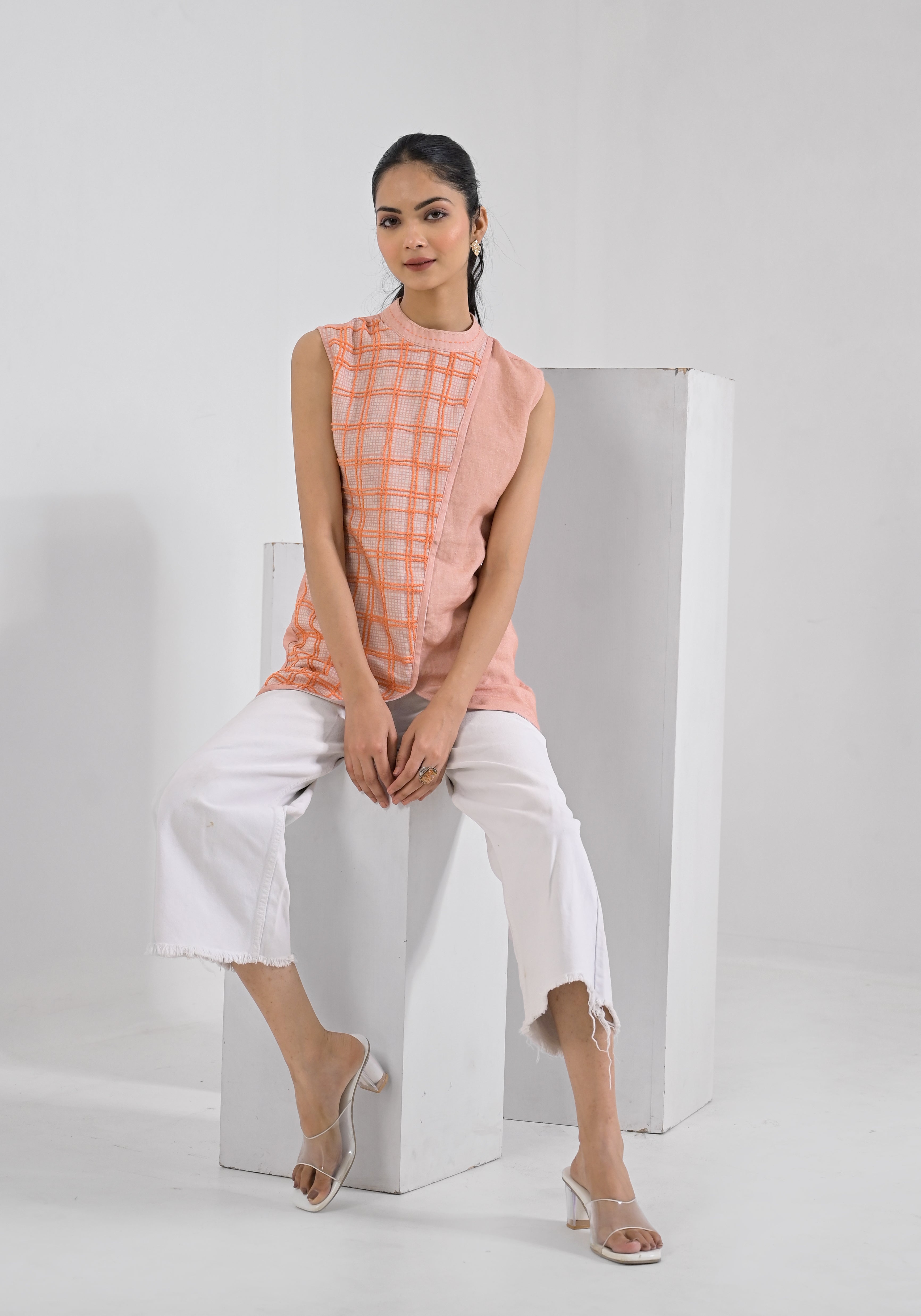 Breeze Peach Aari Check Tunic