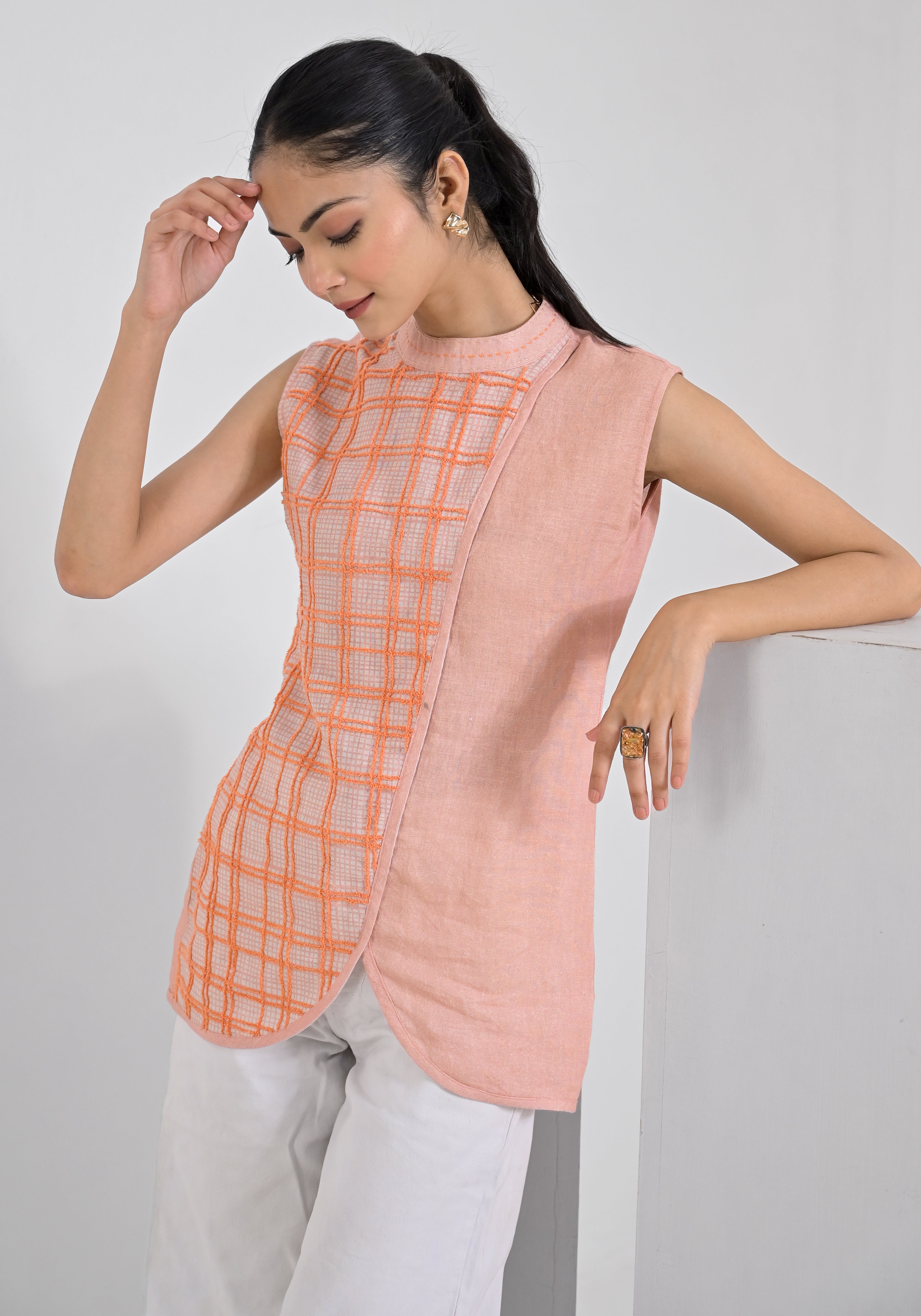 Breeze Peach Aari Check Tunic