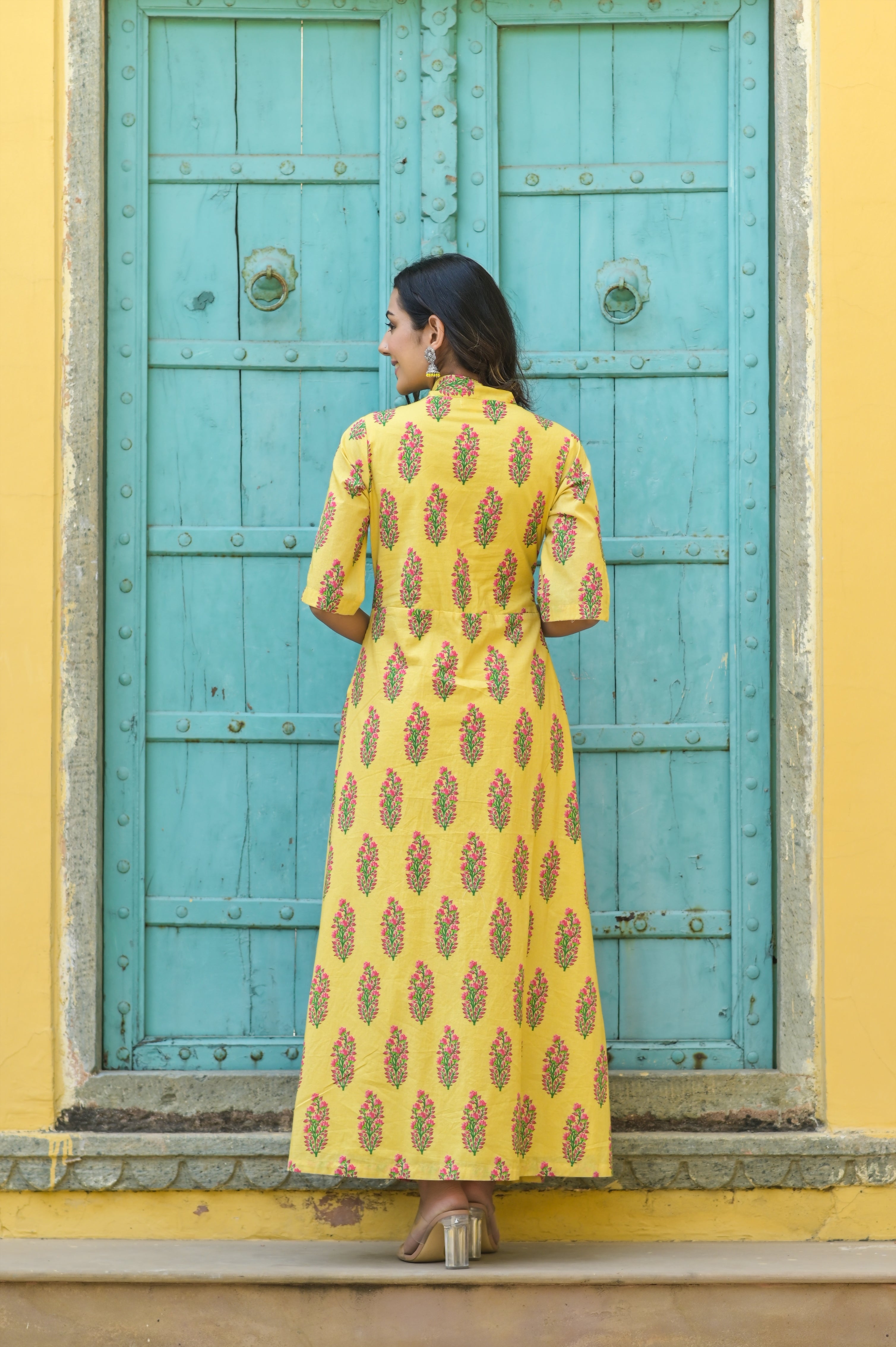 Yellow Bouquet Chiffon Printed Ripple Dress