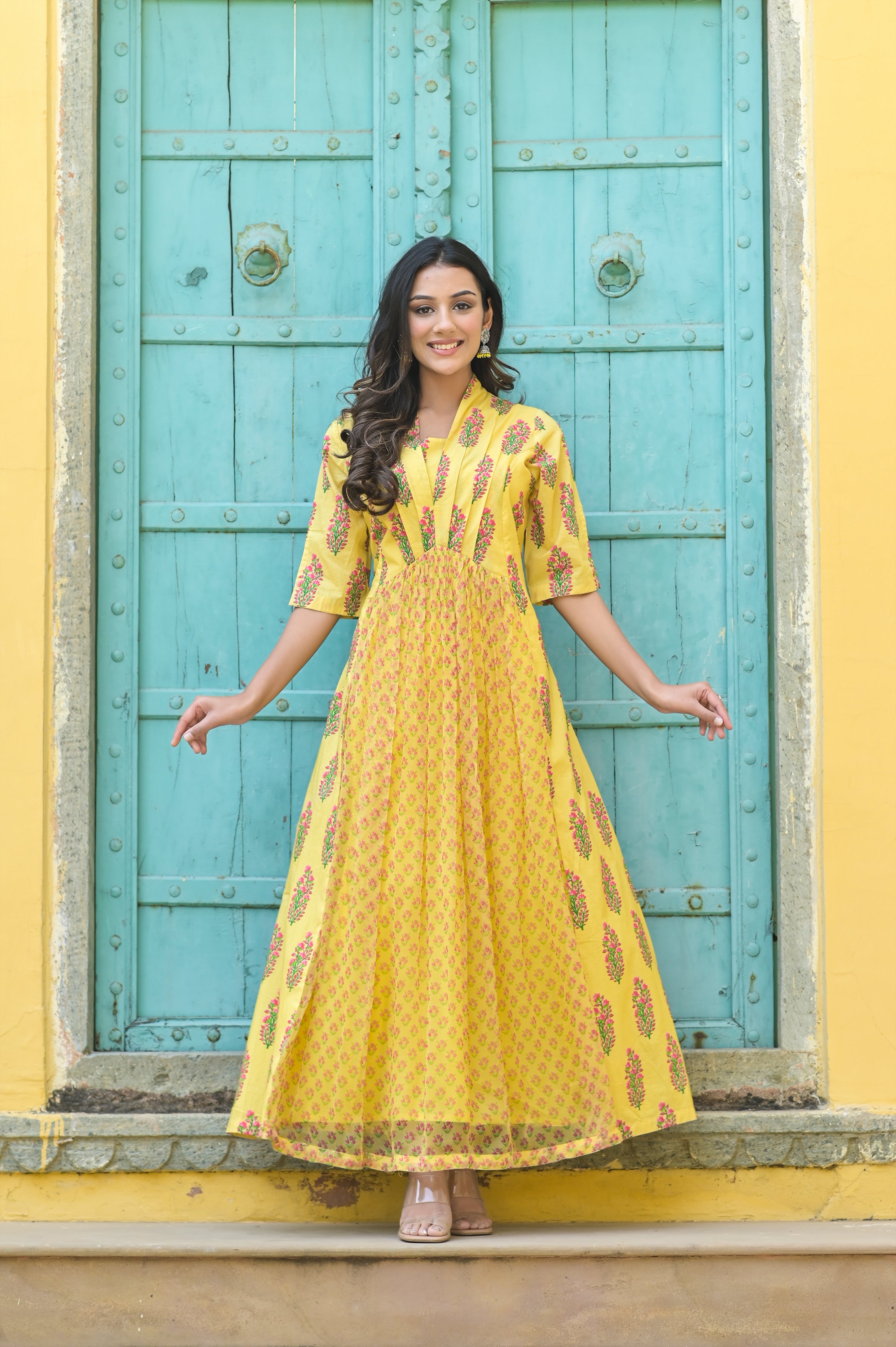 Yellow Bouquet Chiffon Printed Ripple Dress