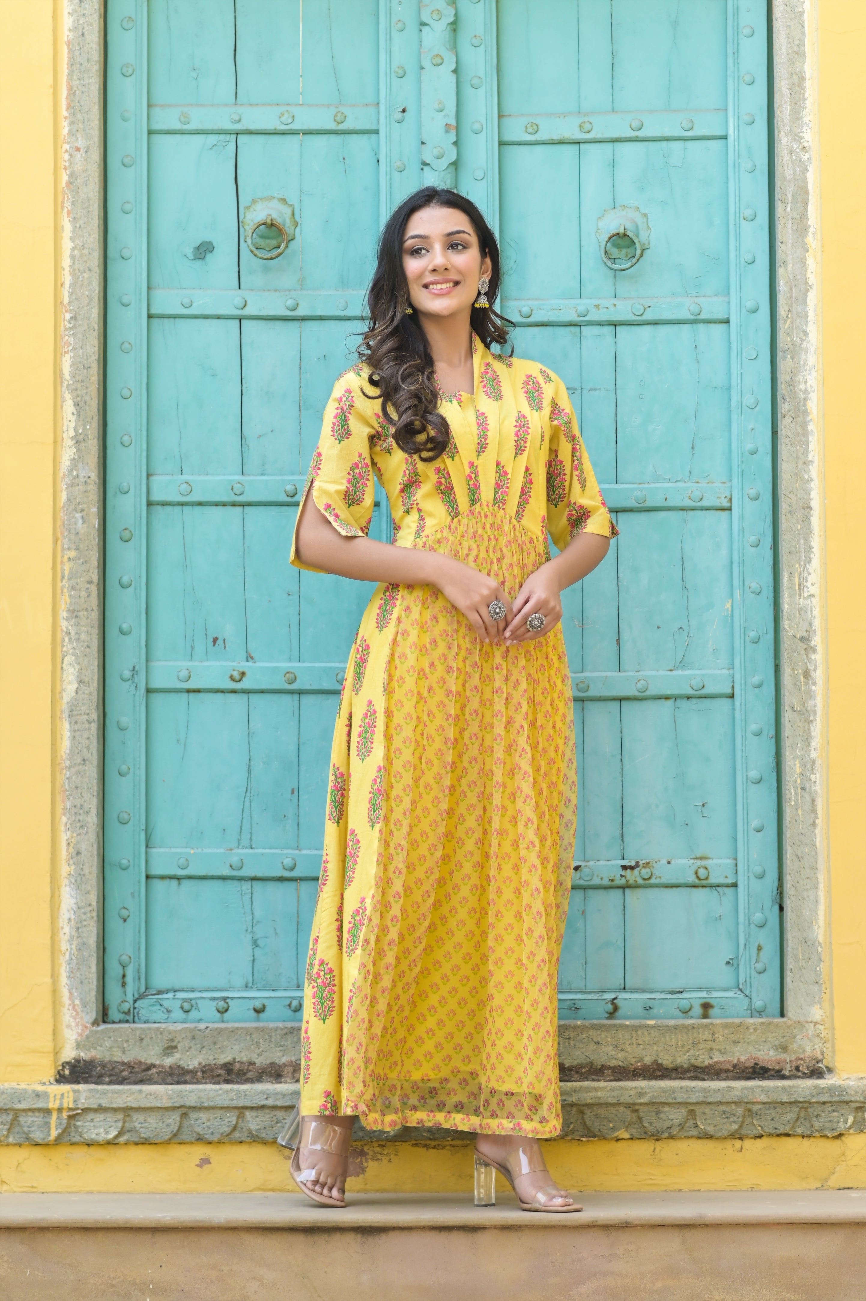 Yellow Bouquet Chiffon Printed Ripple Dress