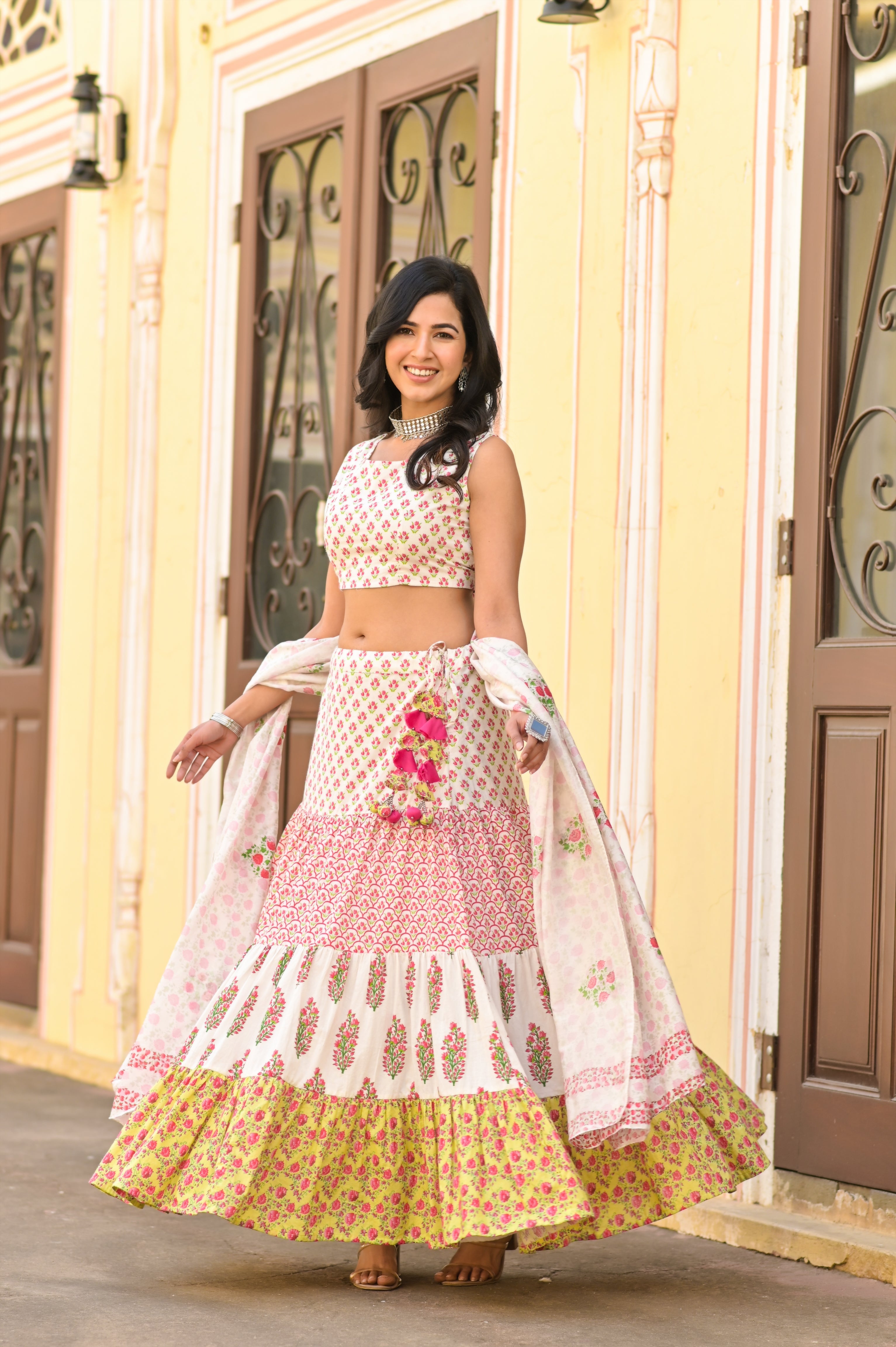 White Tier Bouquet Lehenga