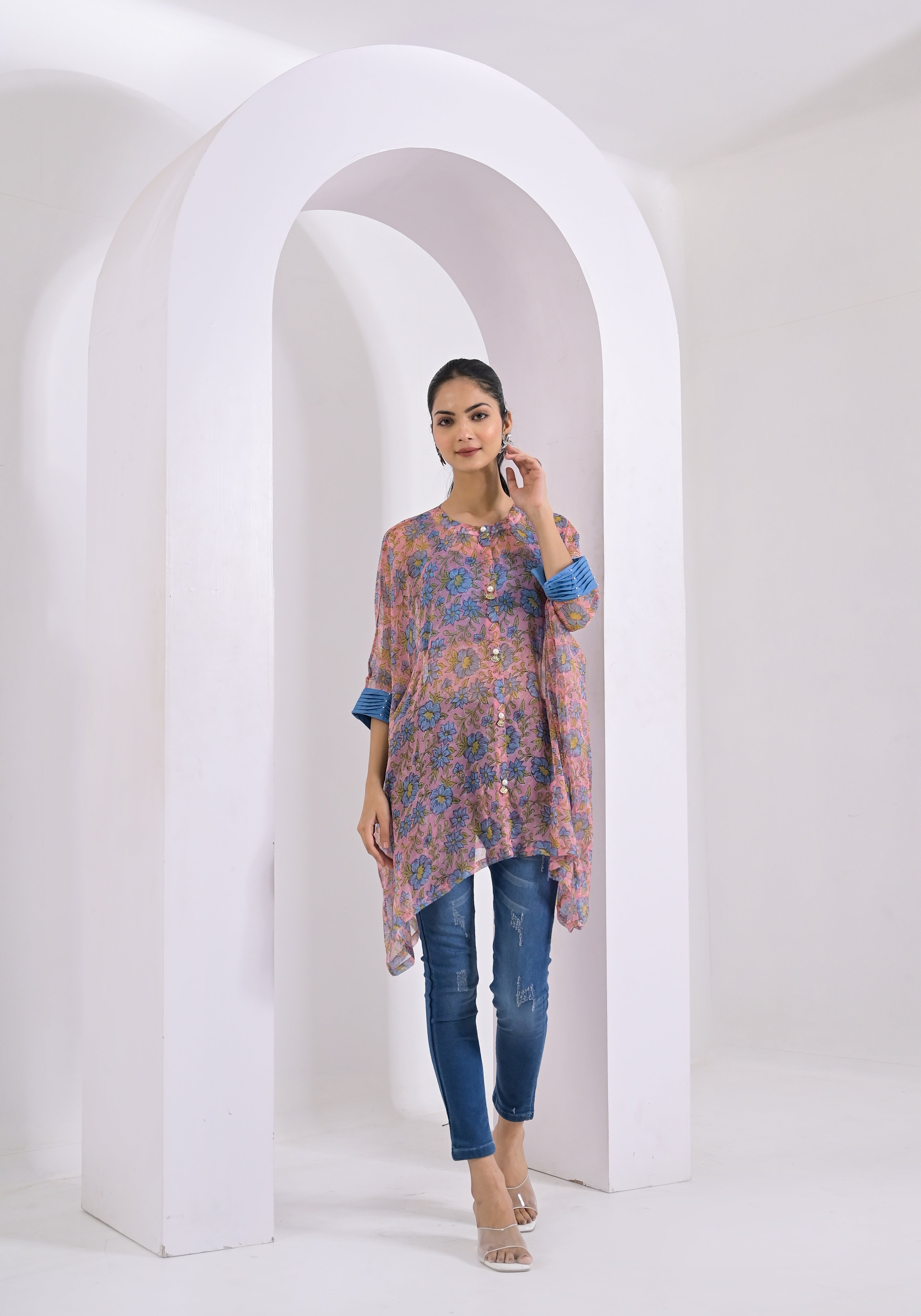 Blue Floral Print Pink Kaftan