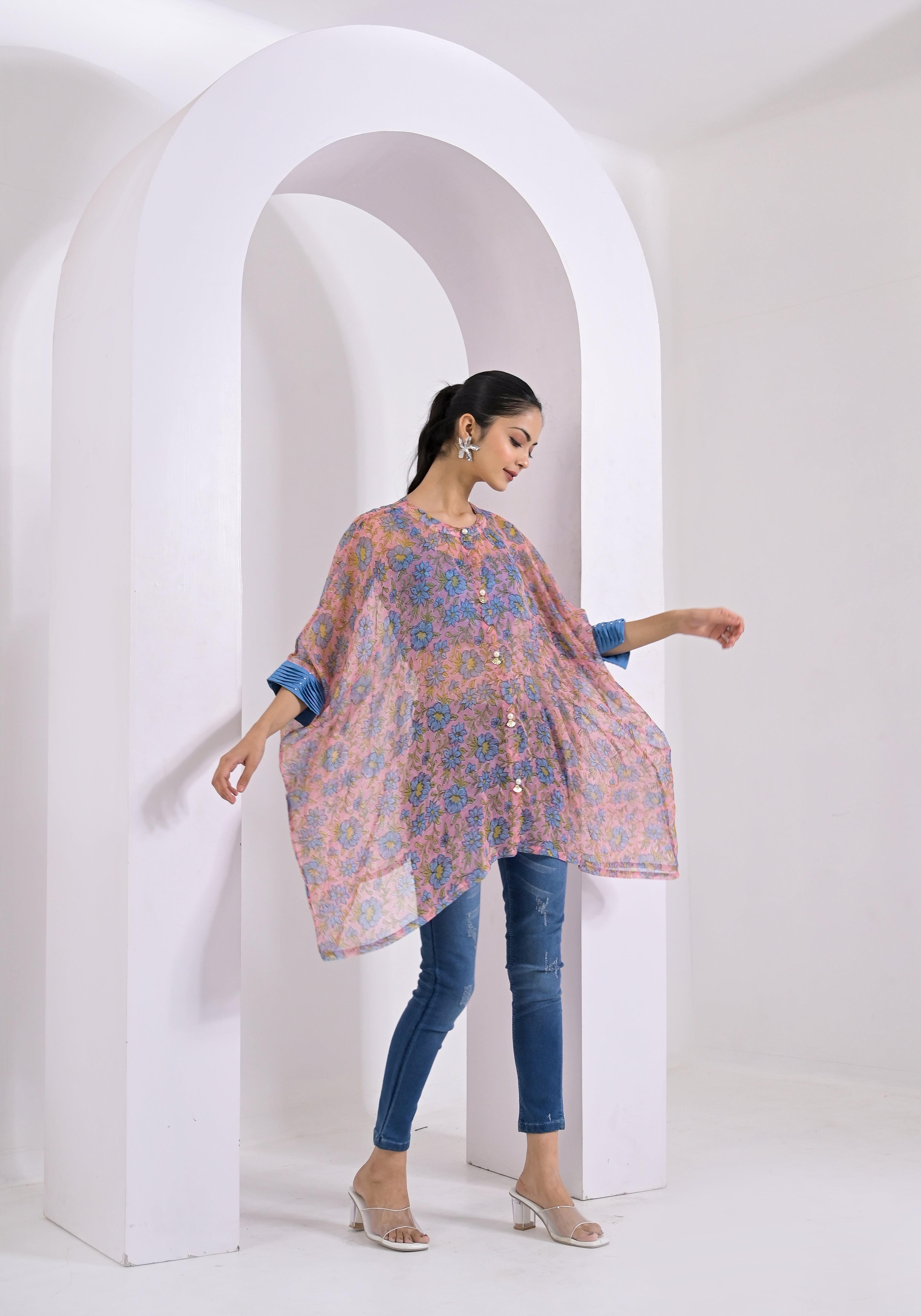 Blue Floral Print Pink Kaftan