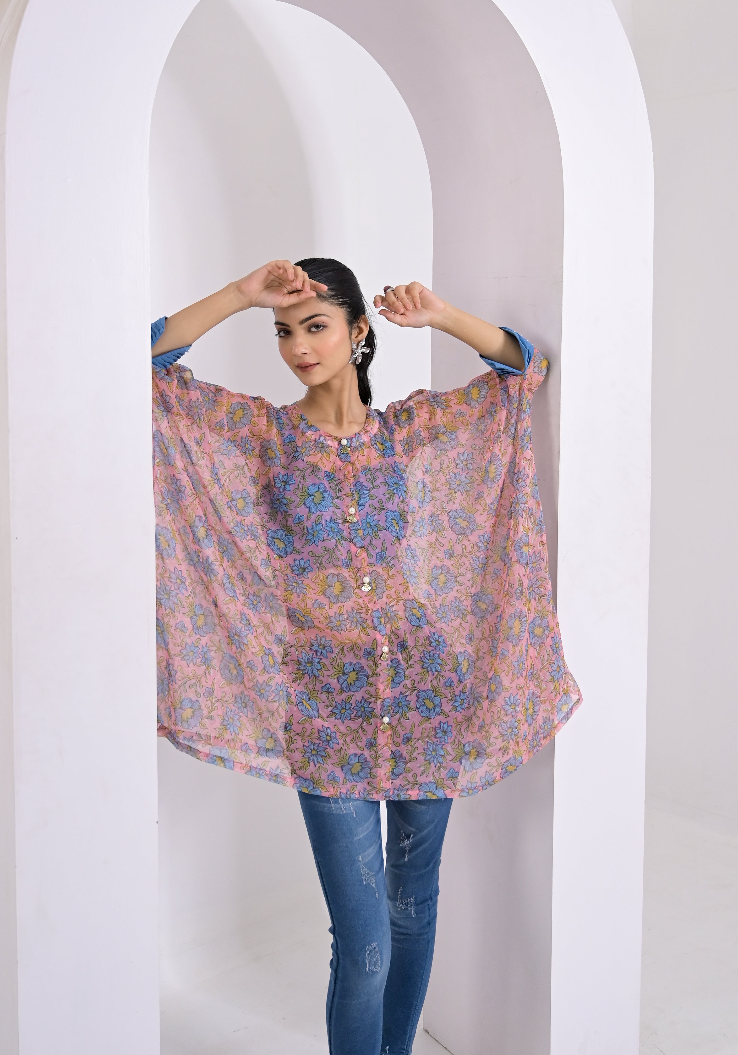 Blue Floral Print Pink Kaftan
