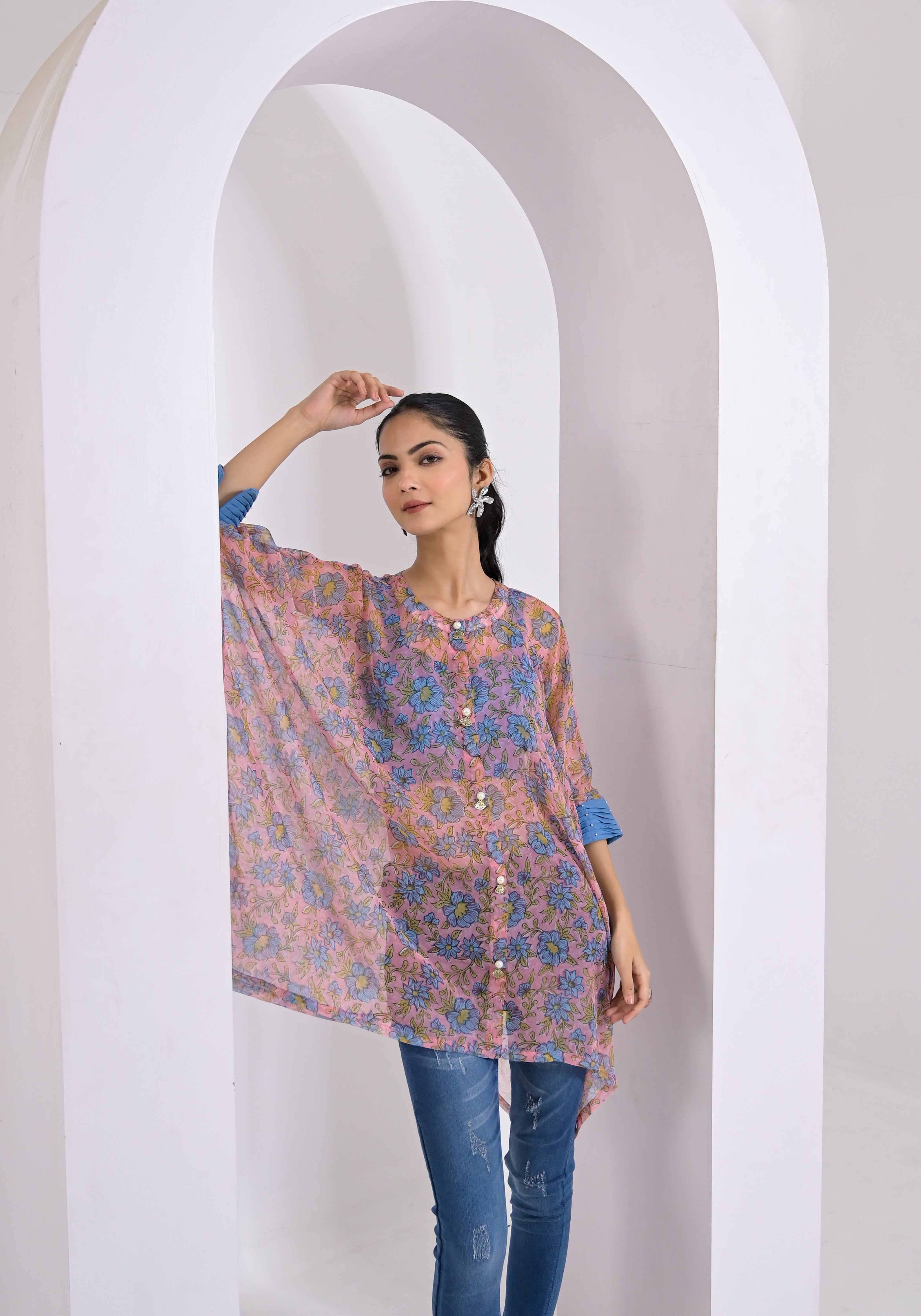 Blue Floral Print Pink Kaftan