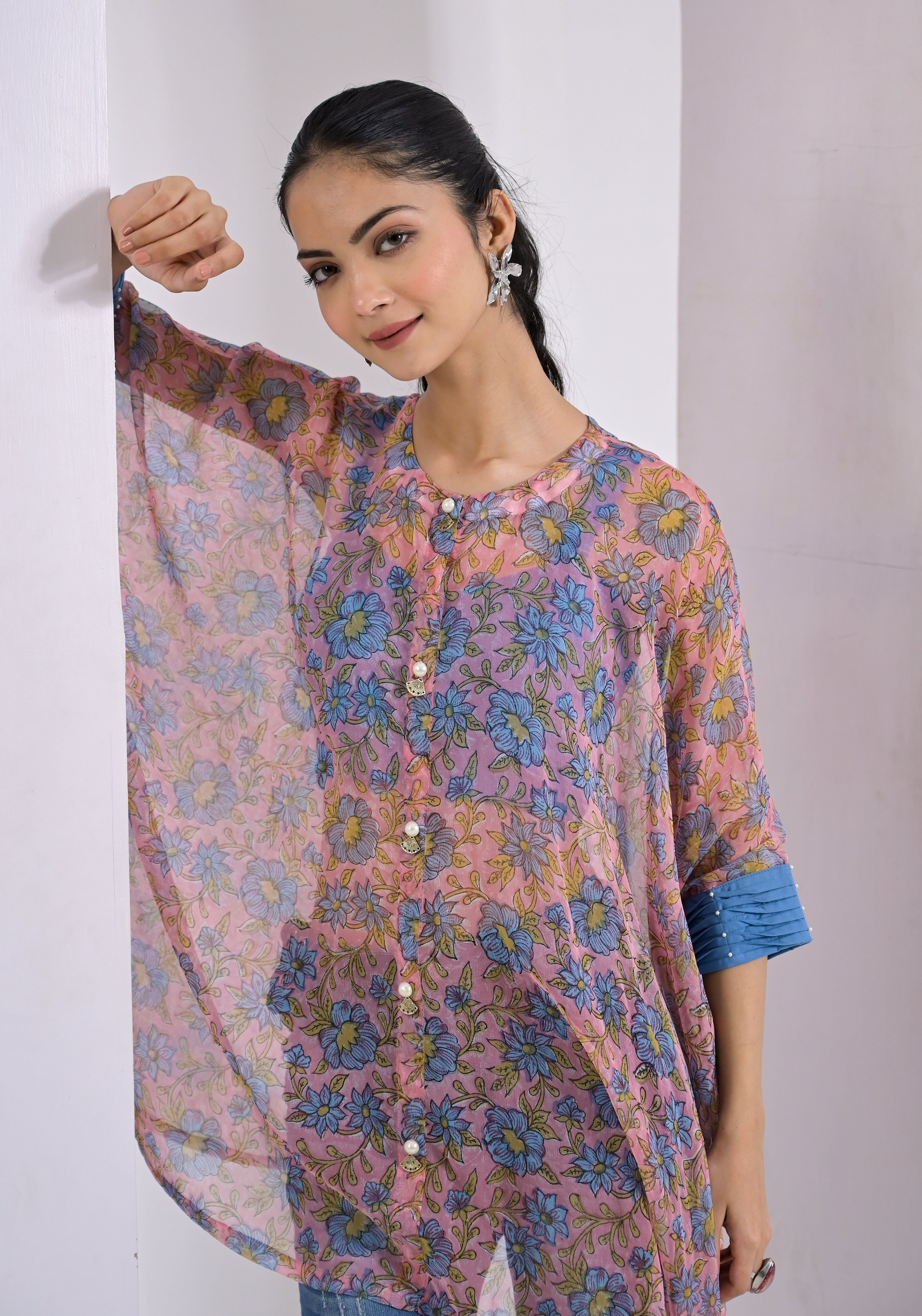 Blue Floral Print Pink Kaftan