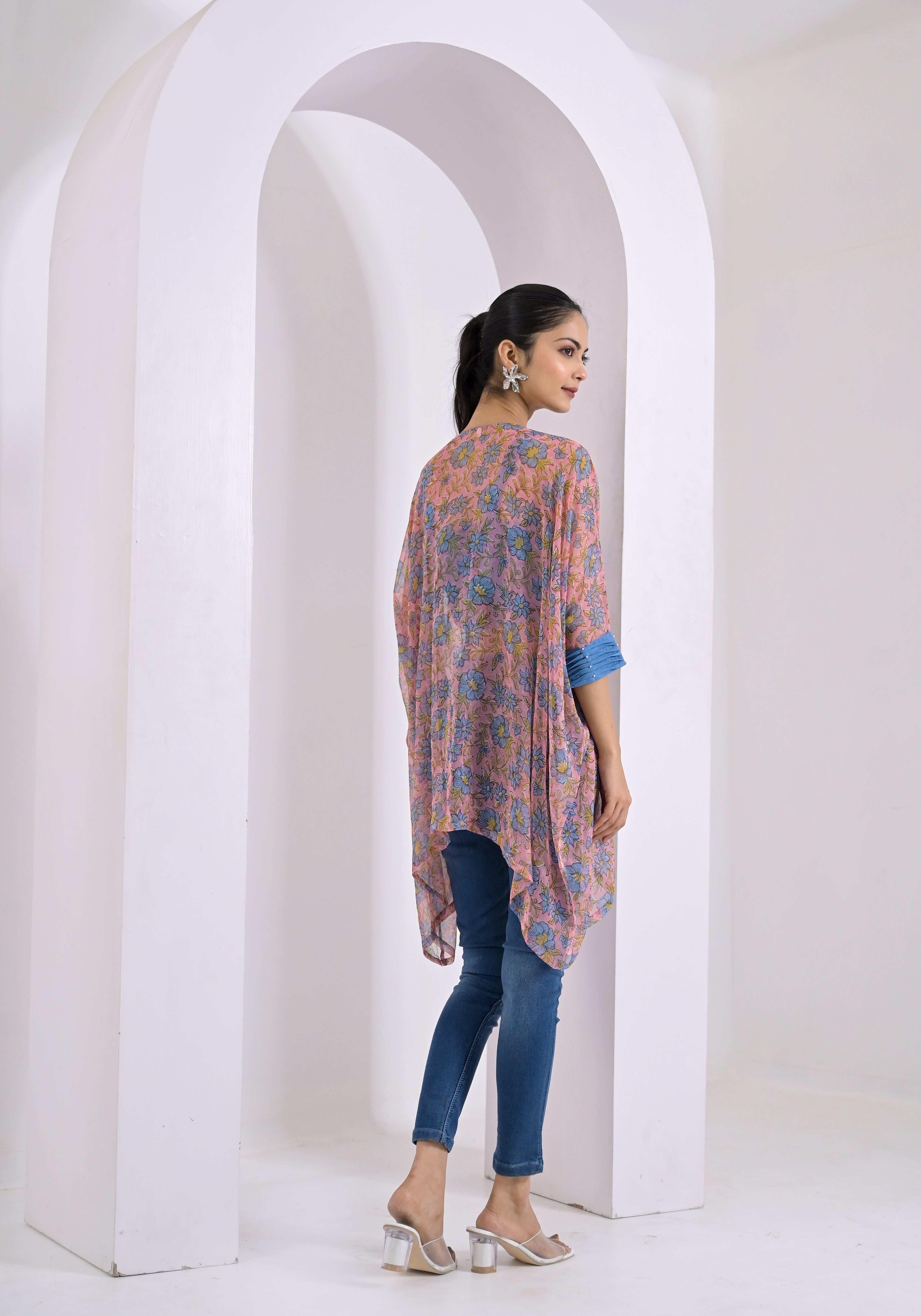 Blue Floral Print Pink Kaftan