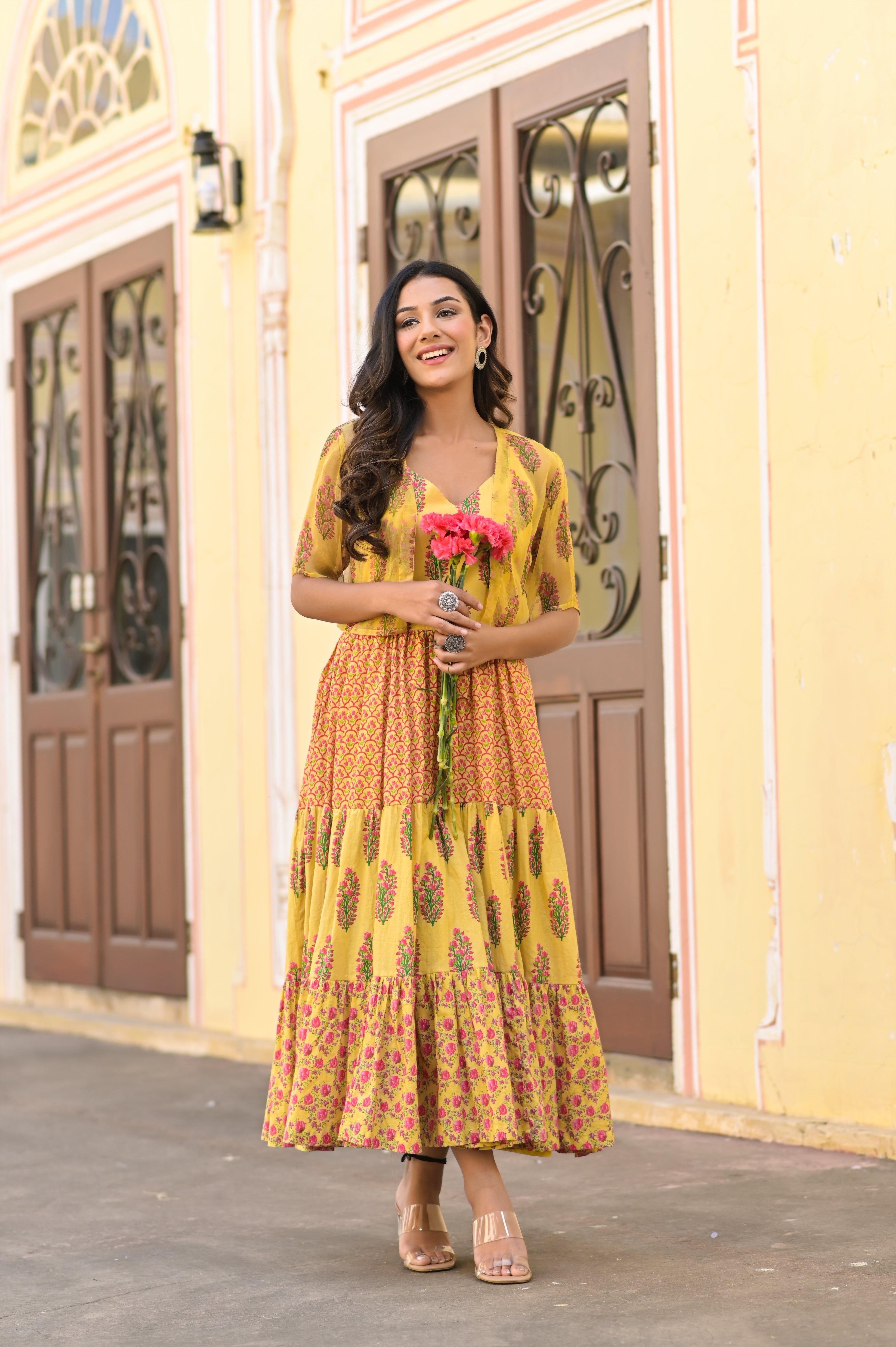 Mughal sleeveless Yellow Tiered cotton Dress (Without Cape)