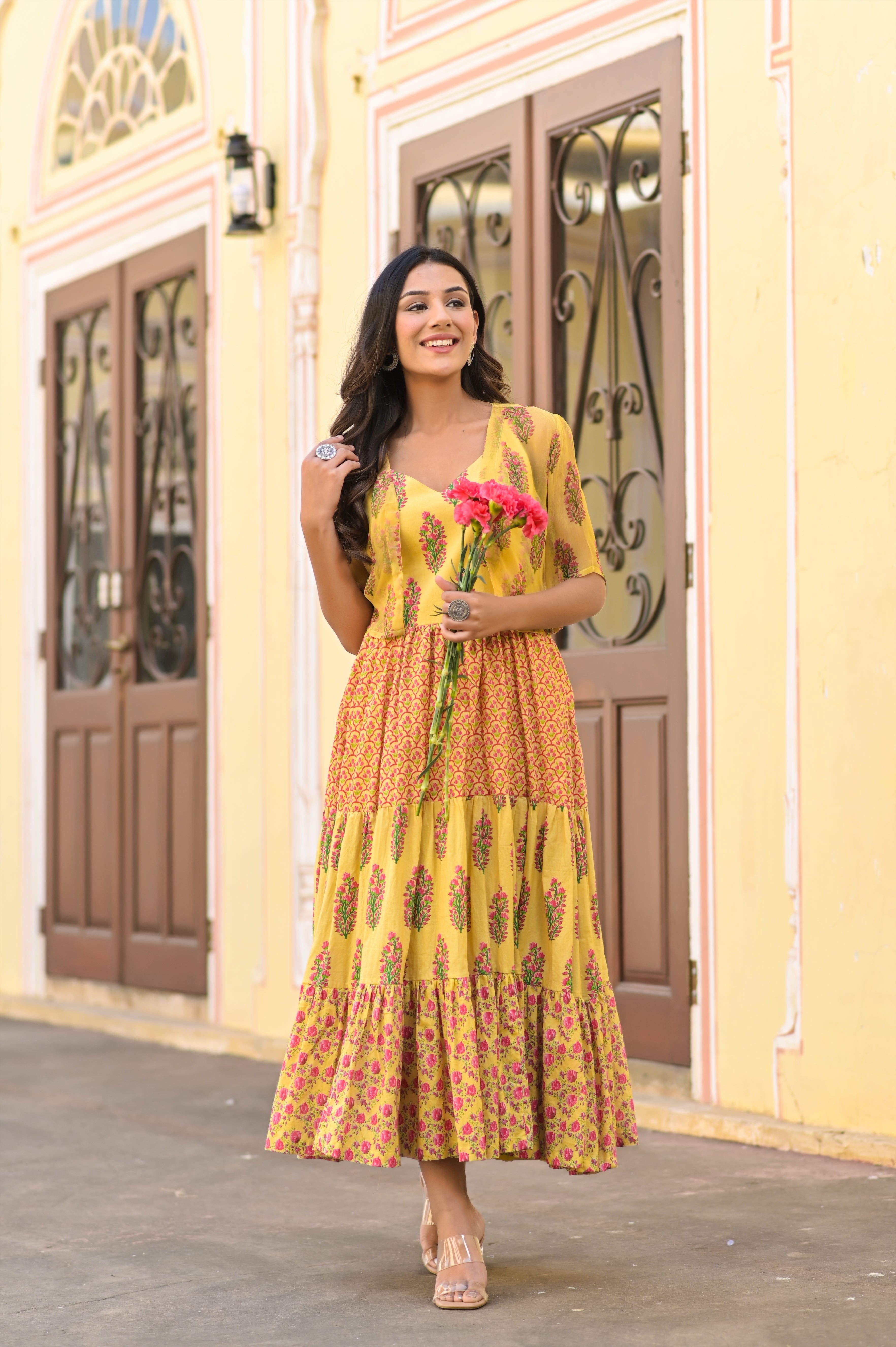 Mughal sleeveless Yellow Tiered cotton Dress (Without Cape)