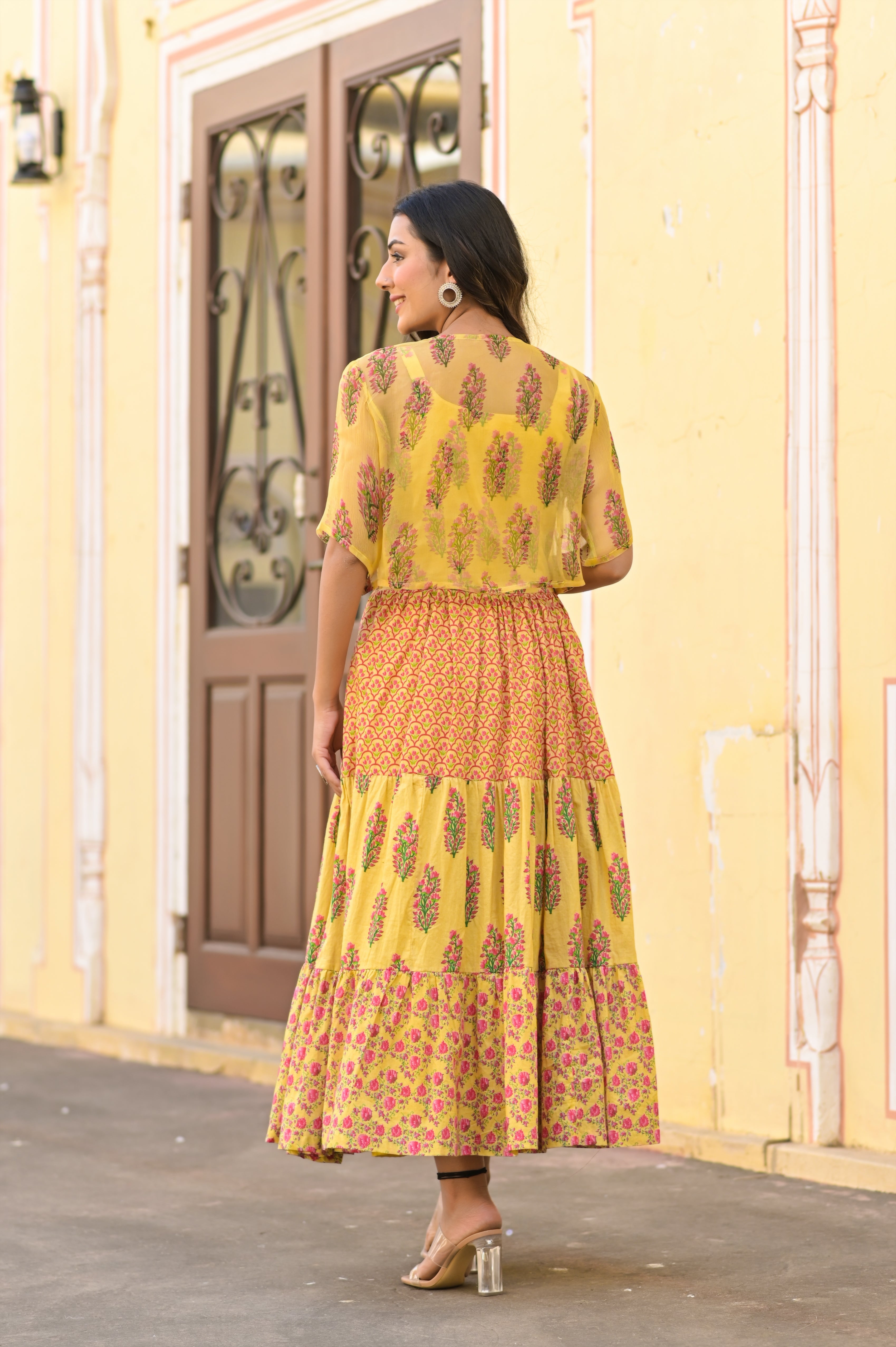 Mughal sleeveless Yellow Tiered cotton Dress (Without Cape)