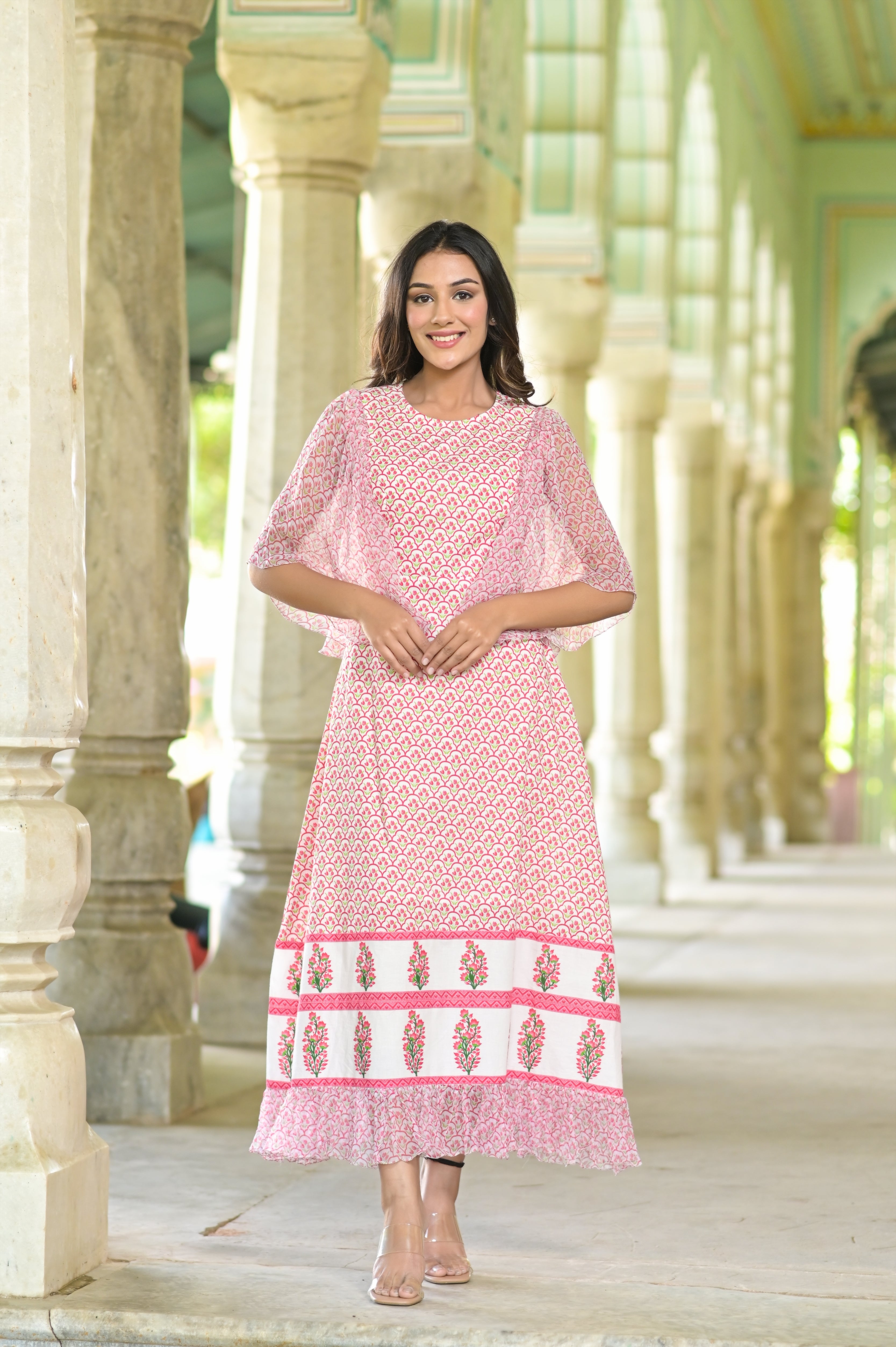 Jharokha Chiffon Sleeves Printed Cotton Frill Dress