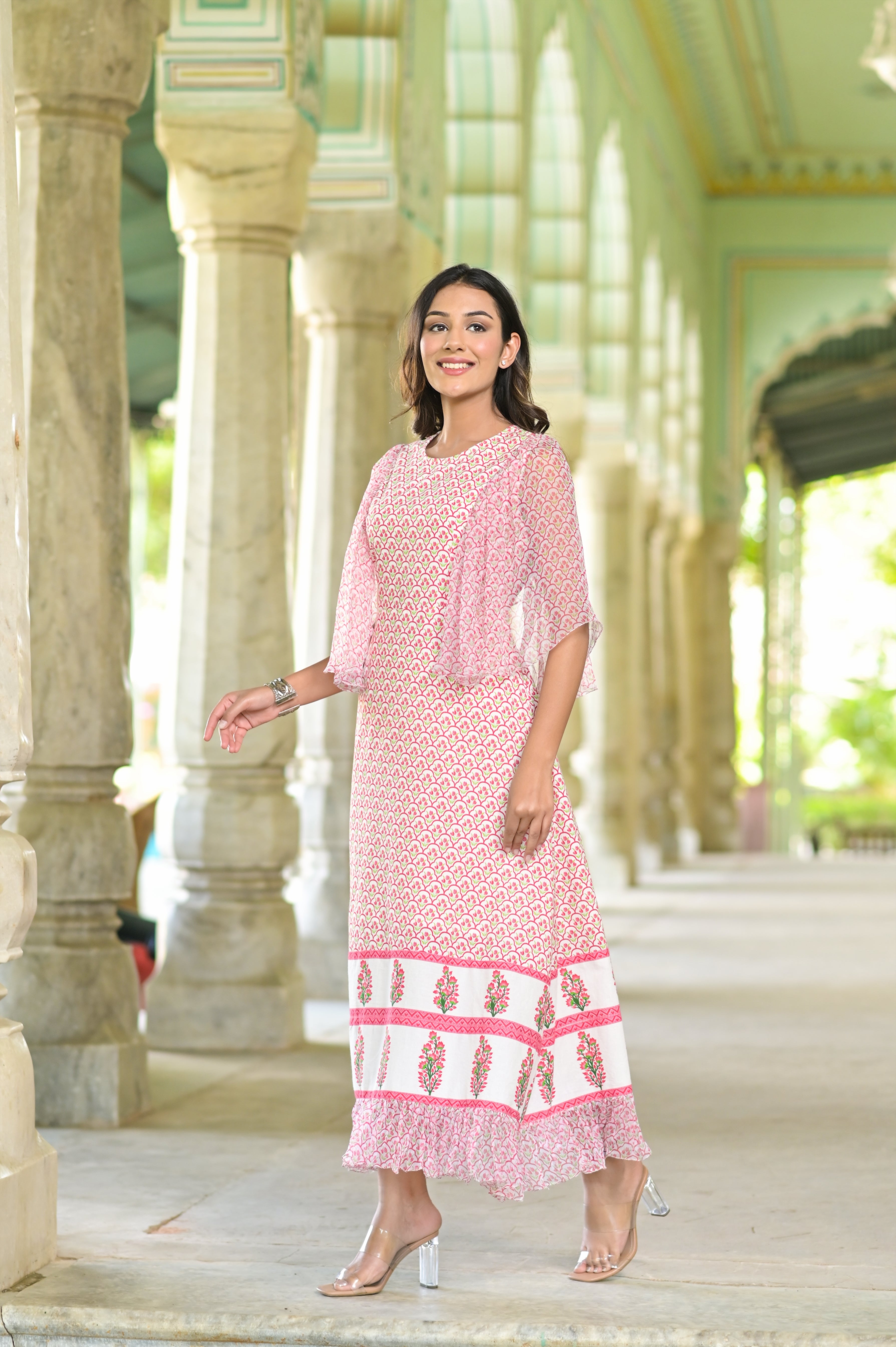 Jharokha Chiffon Sleeves Printed Cotton Frill Dress